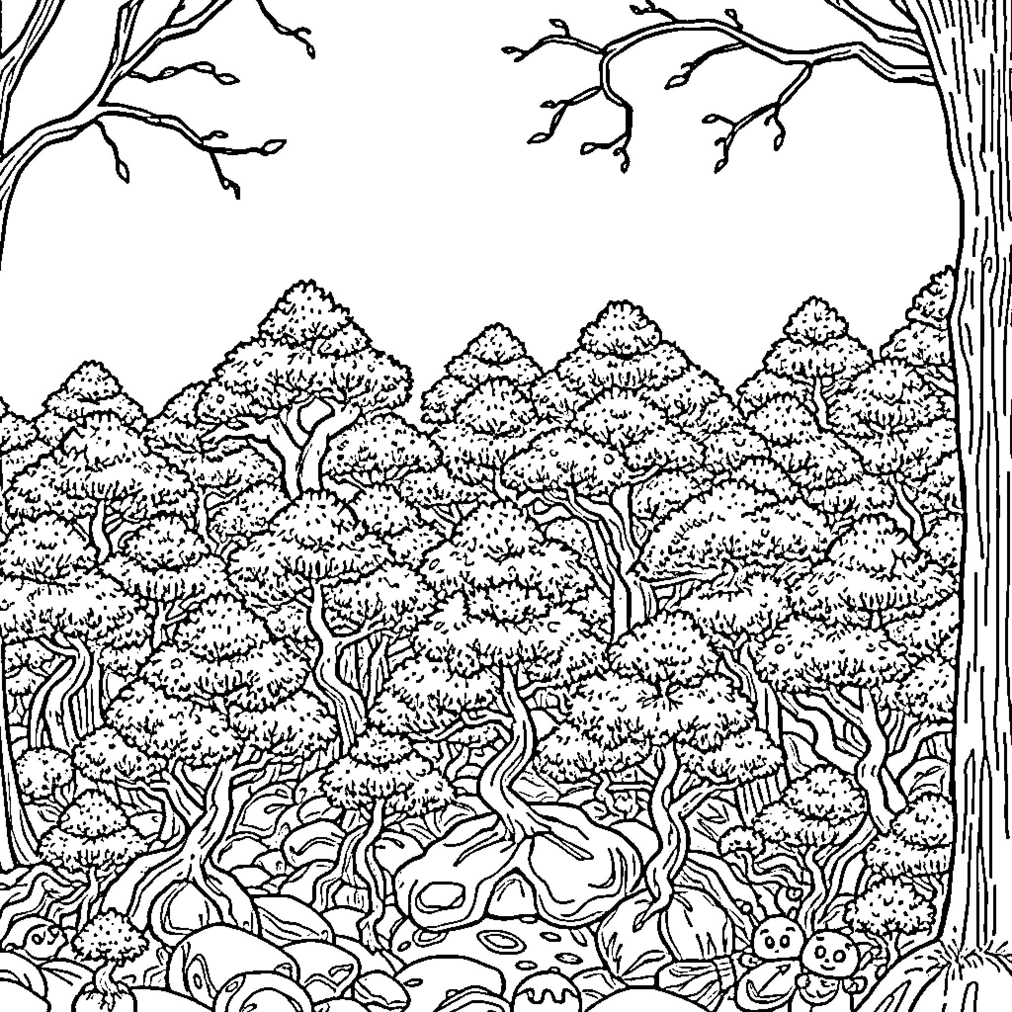 Bonsai forest landscape with intricate details Coloring Page (free black-and-white line drawing printable PDF for all, from beginners to advanced learners, including children, teens, adults, and seniors)