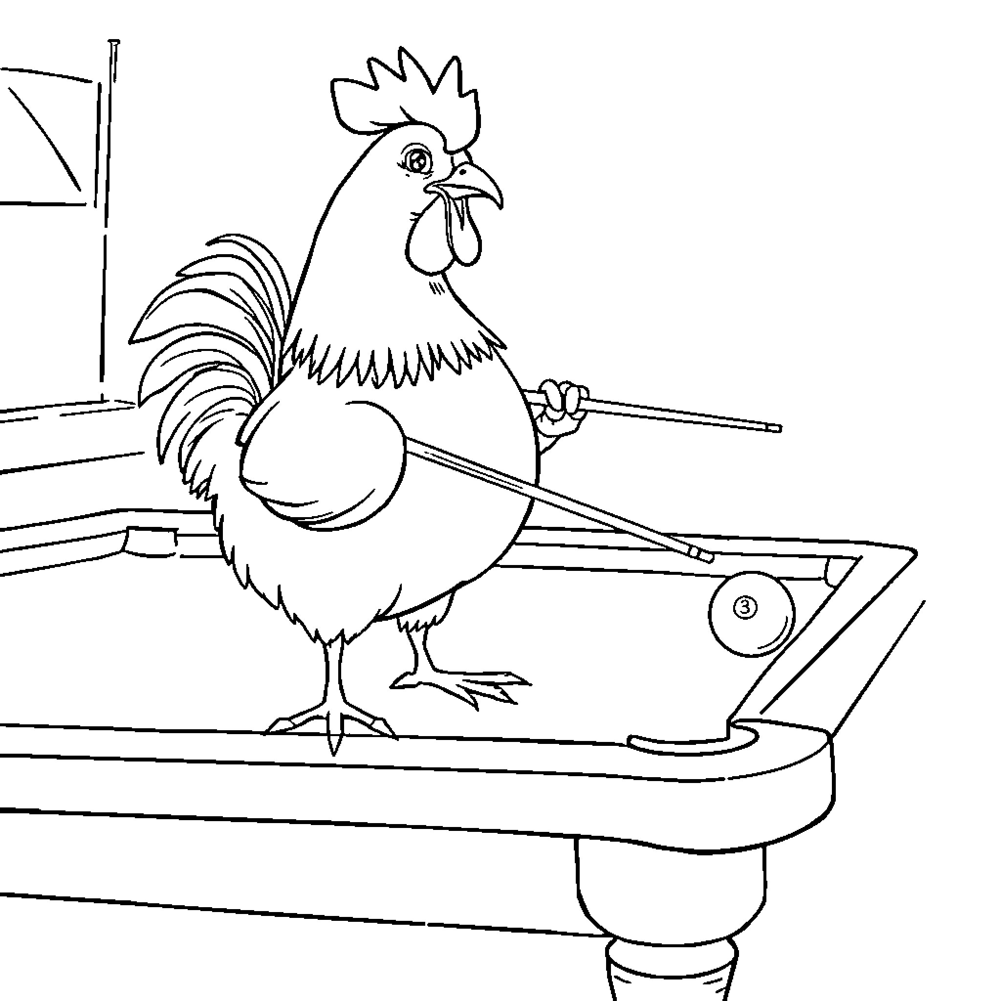 Chicken manning a pool table Coloring Page (free black-and-white line drawing printable PDF for all, from beginners to advanced learners, including children, teens, adults, and seniors)