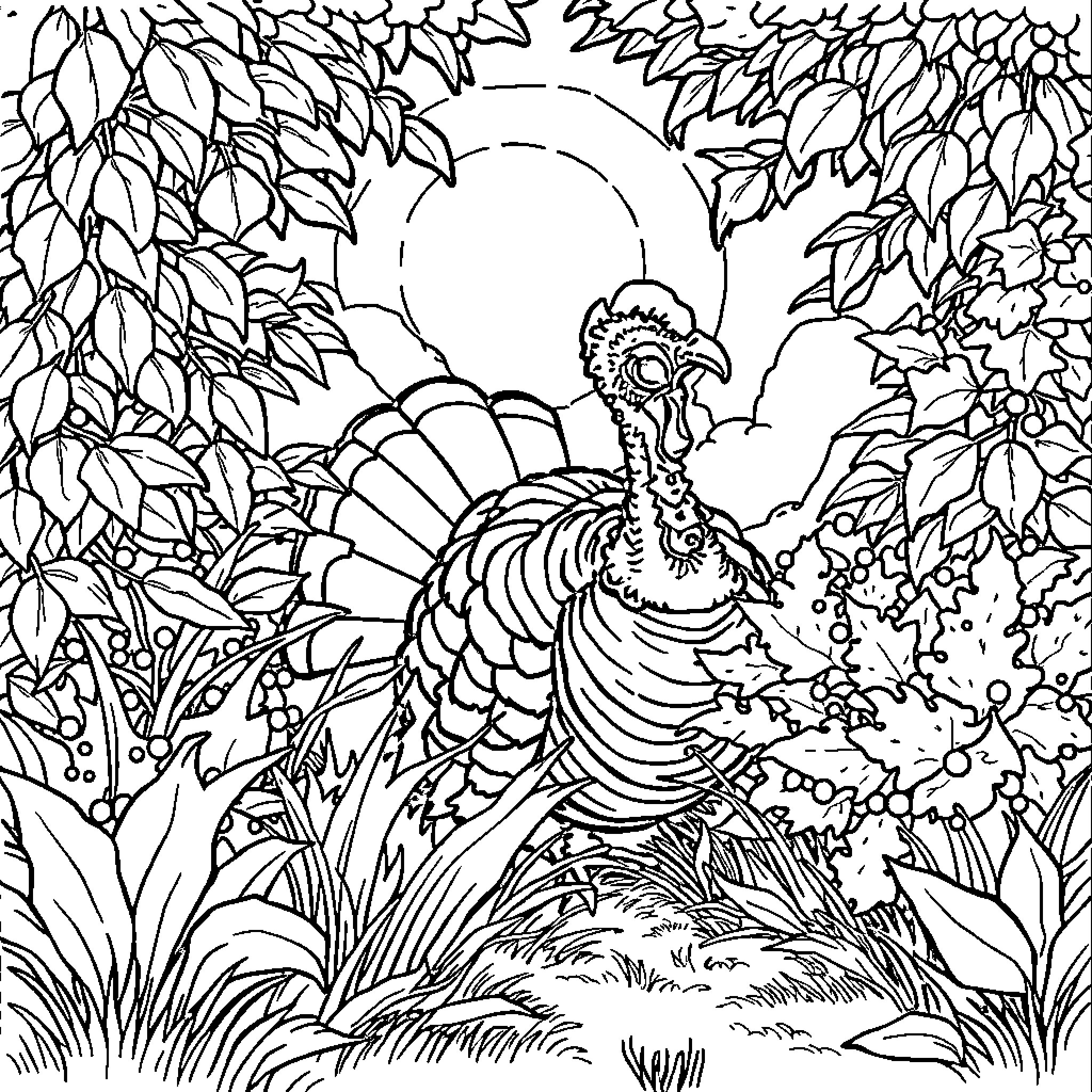 Turkey strutting in lush foliage at sunset Coloring Page (free black-and-white line drawing printable PDF for all, from beginners to advanced learners, including children, teens, adults, and seniors)