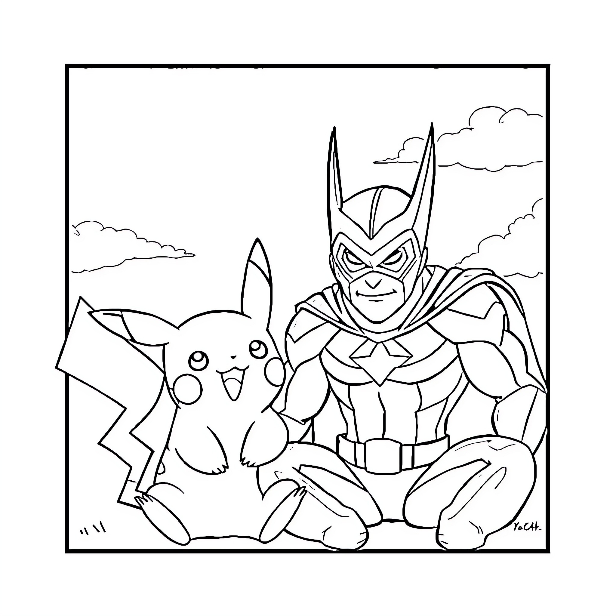 Pikachu and superhero in action Coloring Page (free black-and-white line drawing printable PDF for all, from beginners to advanced learners, including children, teens, adults, and seniors)