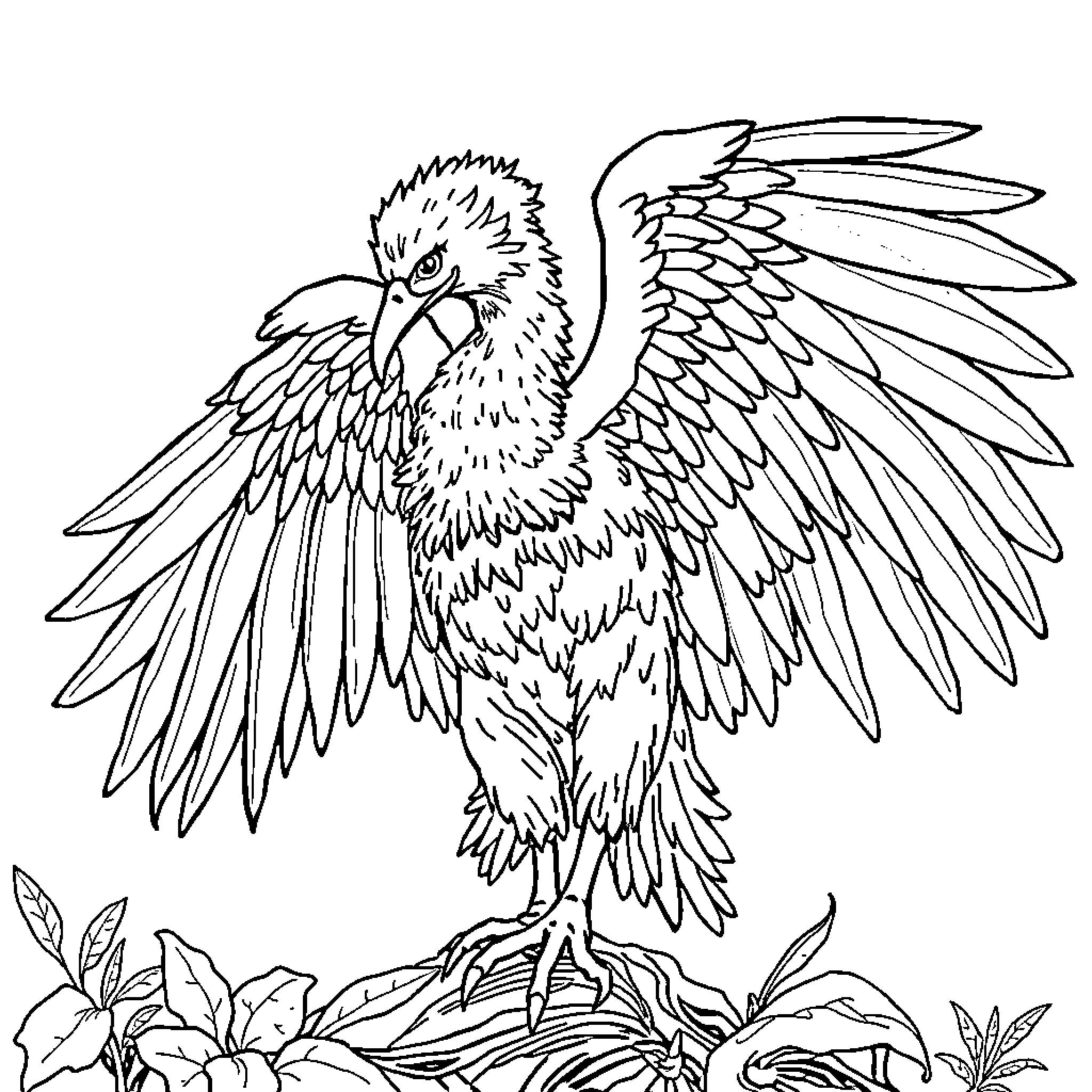 Mermaid's Winged Companion in Nature Coloring Page (free black-and-white line drawing printable PDF for all, from beginners to advanced learners, including children, teens, adults, and seniors)