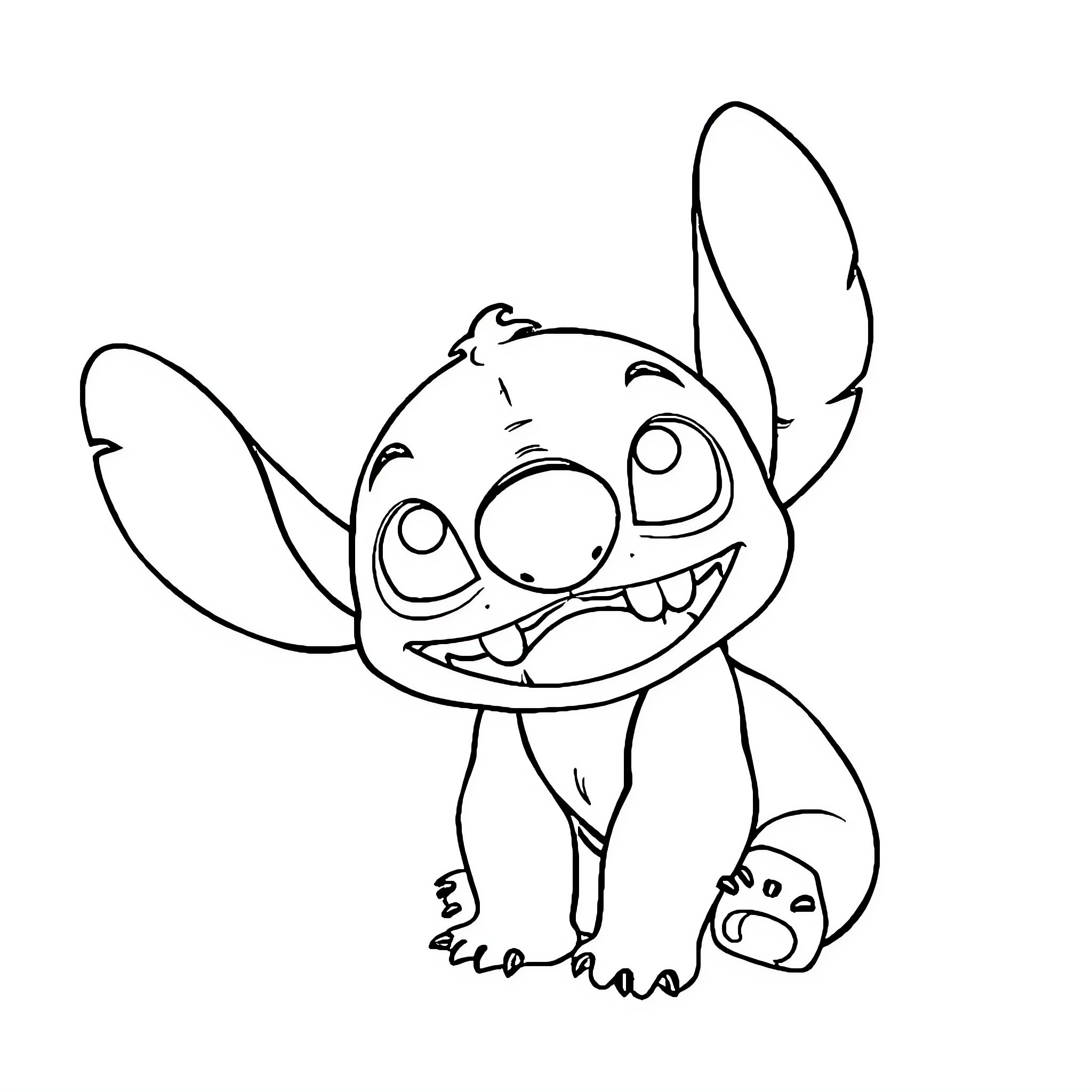 Stitch showing his mischievous grin Coloring Page (free black-and-white line drawing printable PDF for all, from beginners to advanced learners, including children, teens, adults, and seniors)