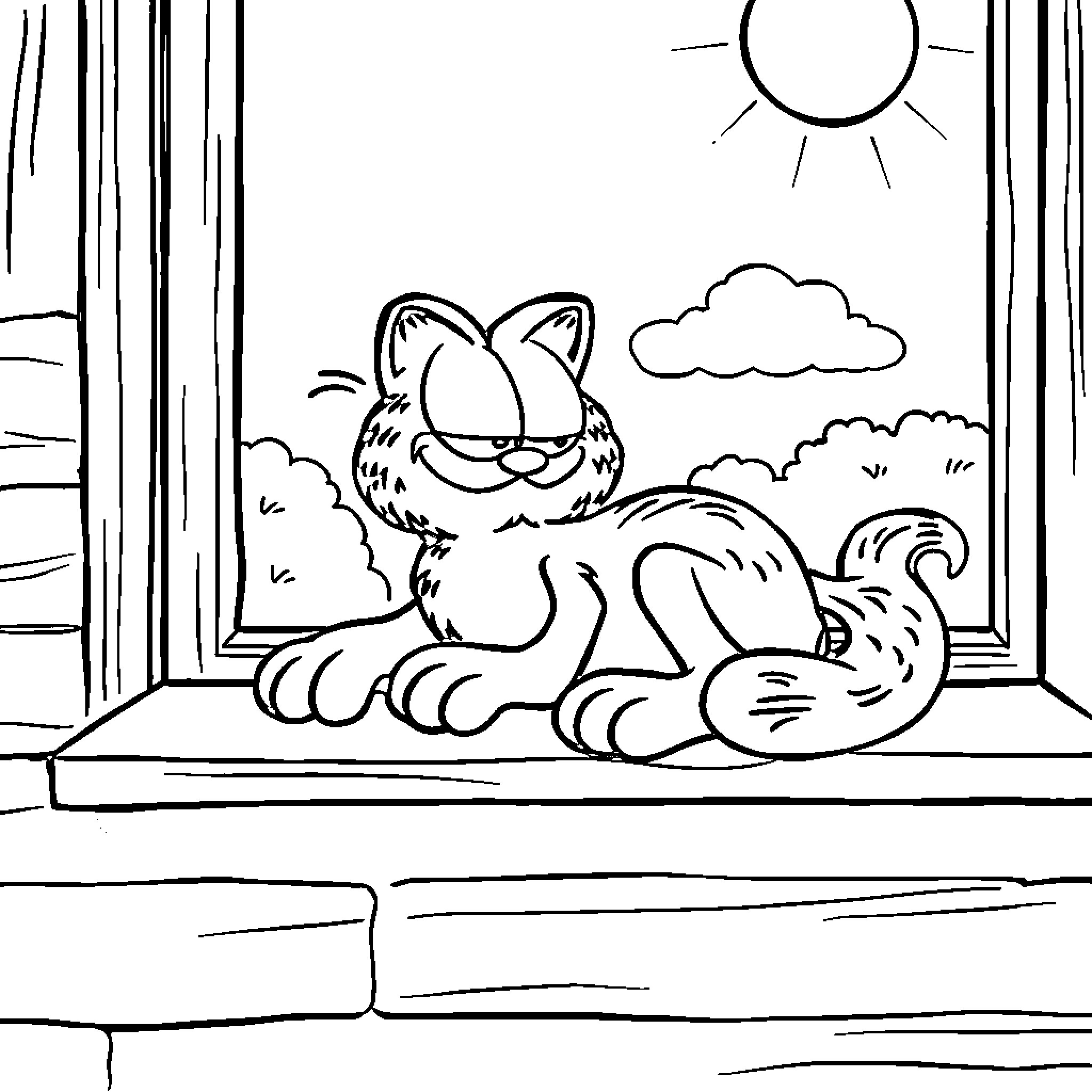 Garfield relaxing on a windowsill Coloring Page (free black-and-white line drawing printable PDF for all, from beginners to advanced learners, including children, teens, adults, and seniors)
