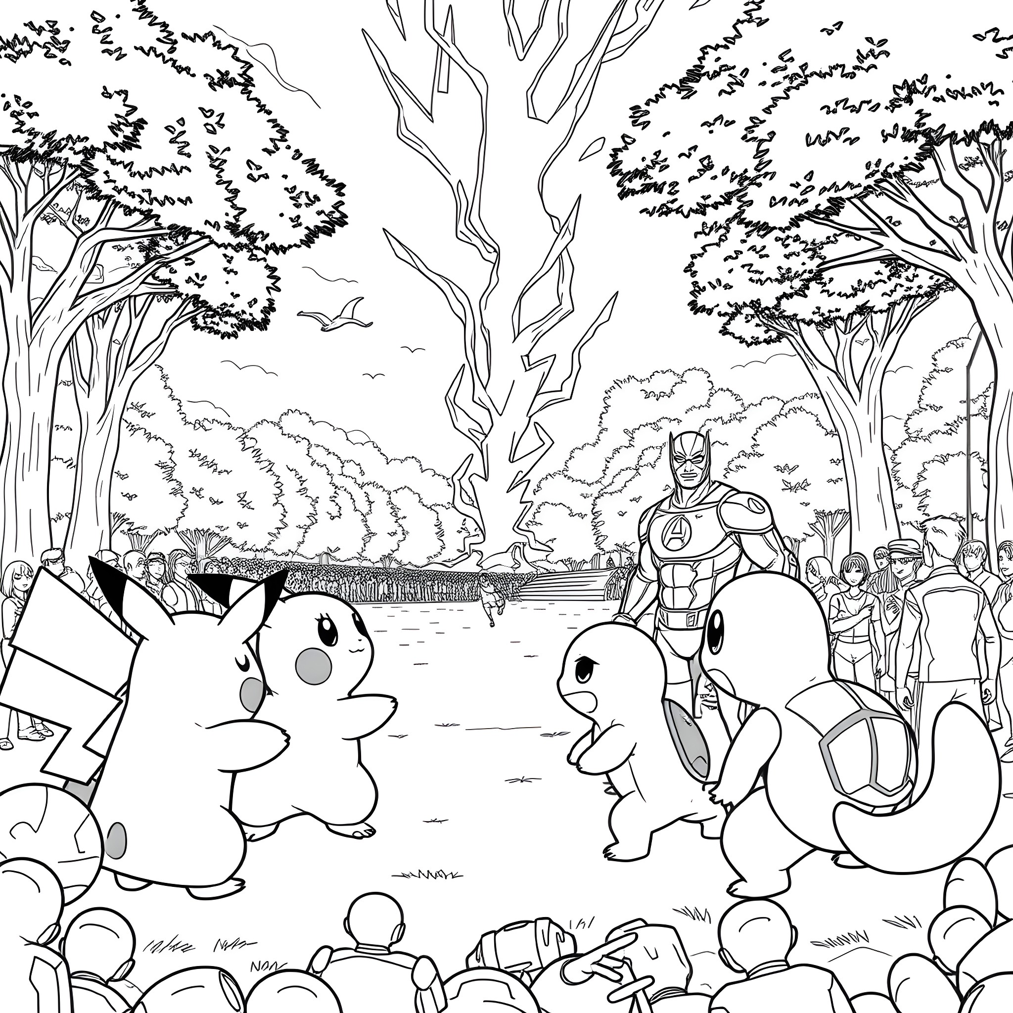 Pikachu and friends in a lively Pokemon scene Coloring Page (free black-and-white line drawing printable PDF for all, from beginners to advanced learners, including children, teens, adults, and seniors)