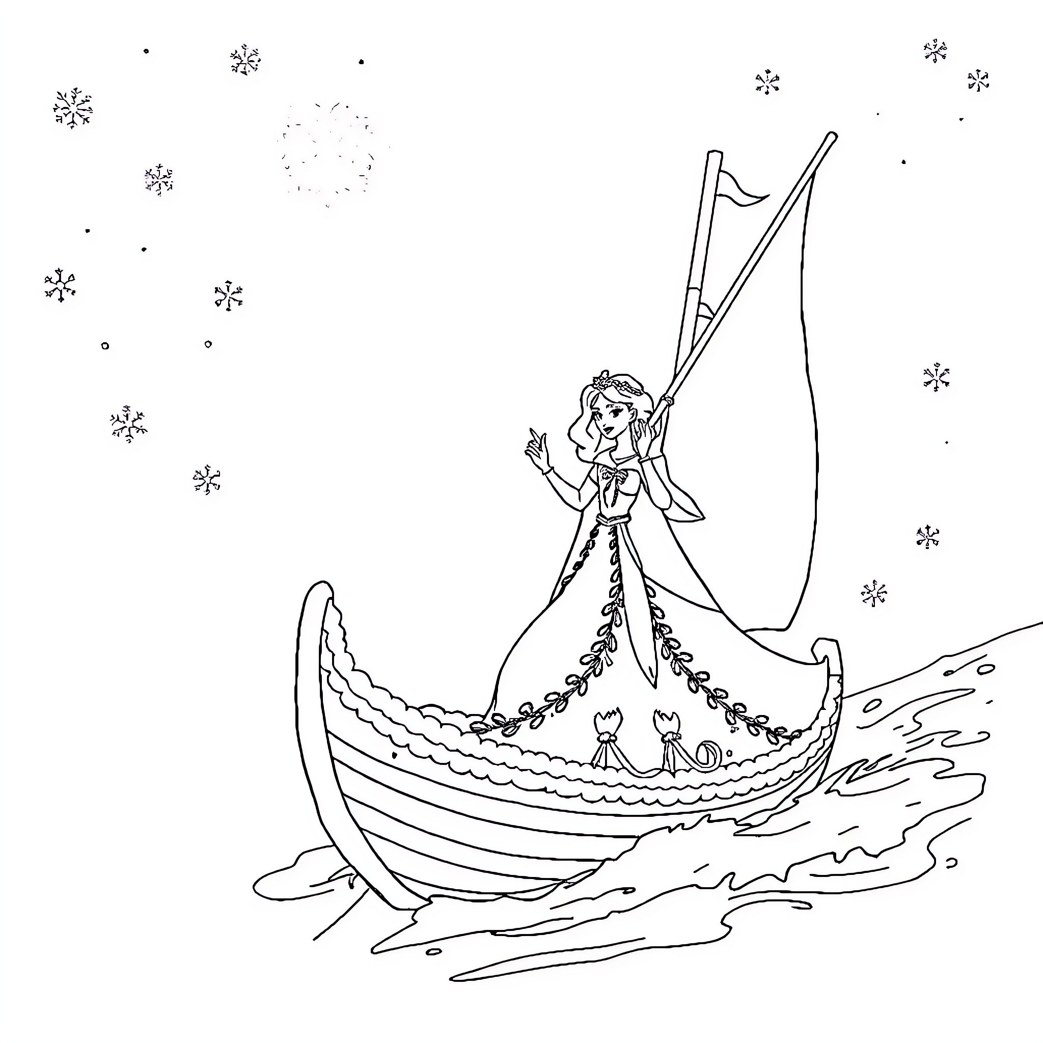 Queen Sailing on a Magical Boat Coloring Page (free black-and-white line drawing printable PDF for all, from beginners to advanced learners, including children, teens, adults, and seniors)
