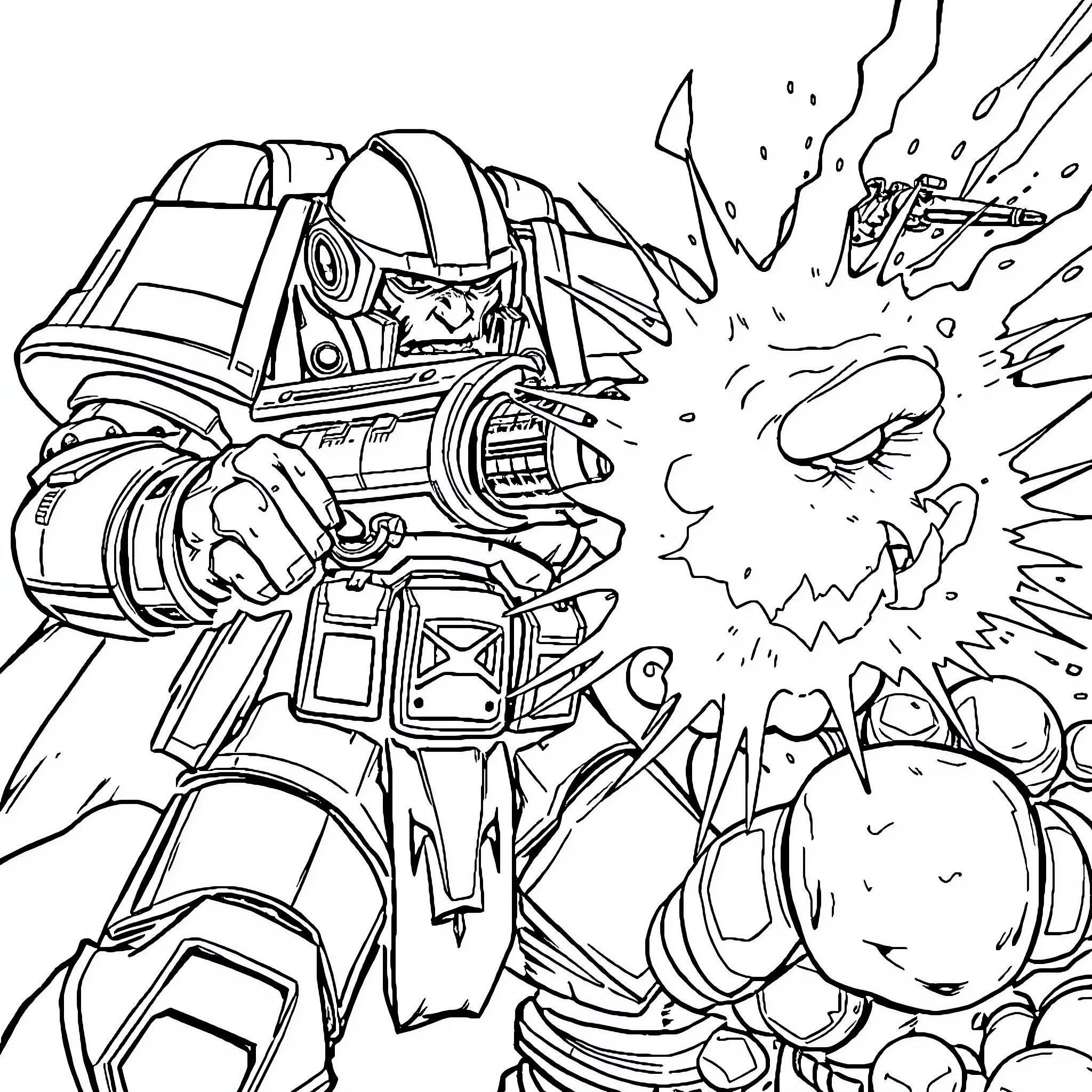 Space Marine Engaging in Intense Combat Coloring Page (free black-and-white line drawing printable PDF for all, from beginners to advanced learners, including children, teens, adults, and seniors)