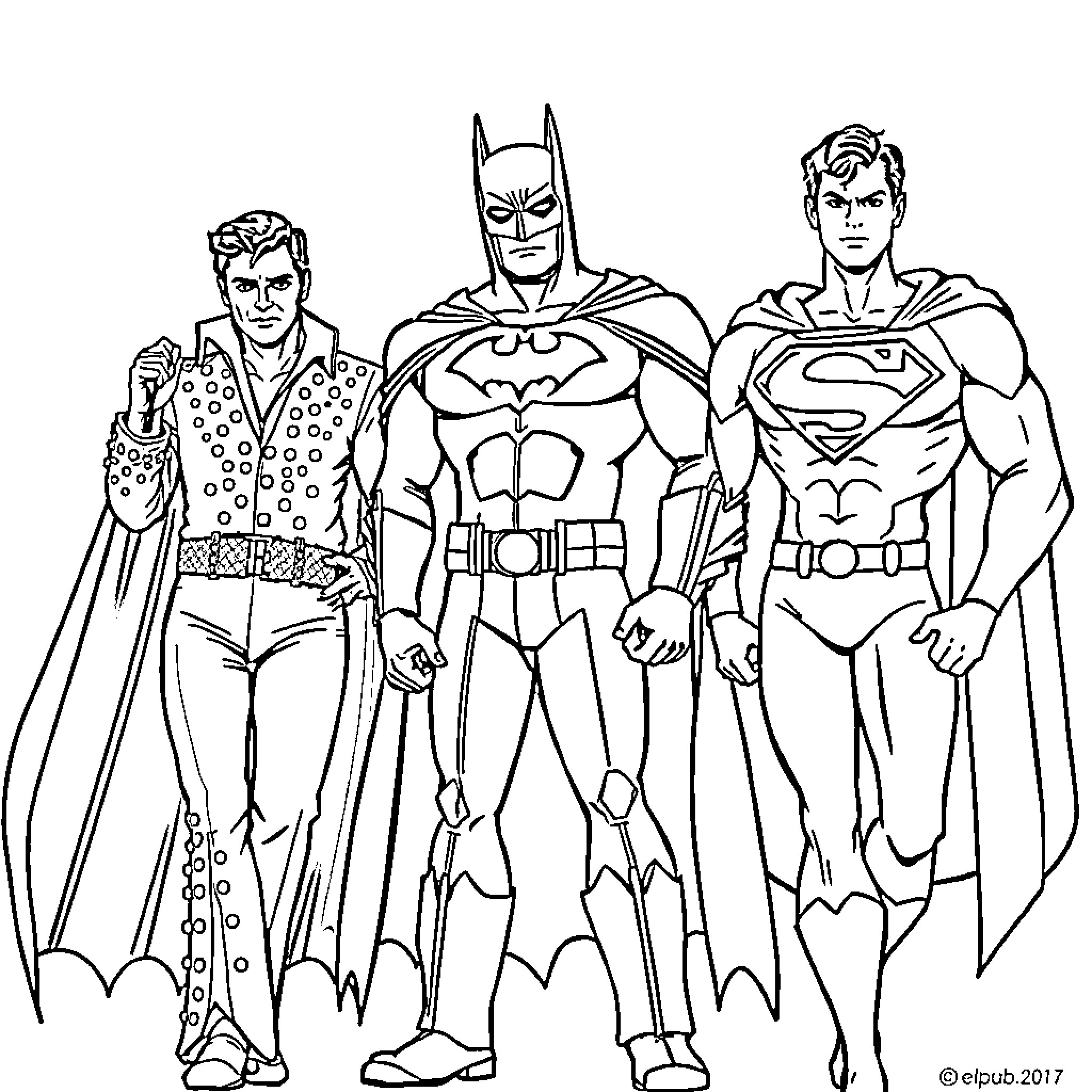 Elvis Presley superhero trio in action poses Coloring Page (free black-and-white line drawing printable PDF for all, from beginners to advanced learners, including children, teens, adults, and seniors)