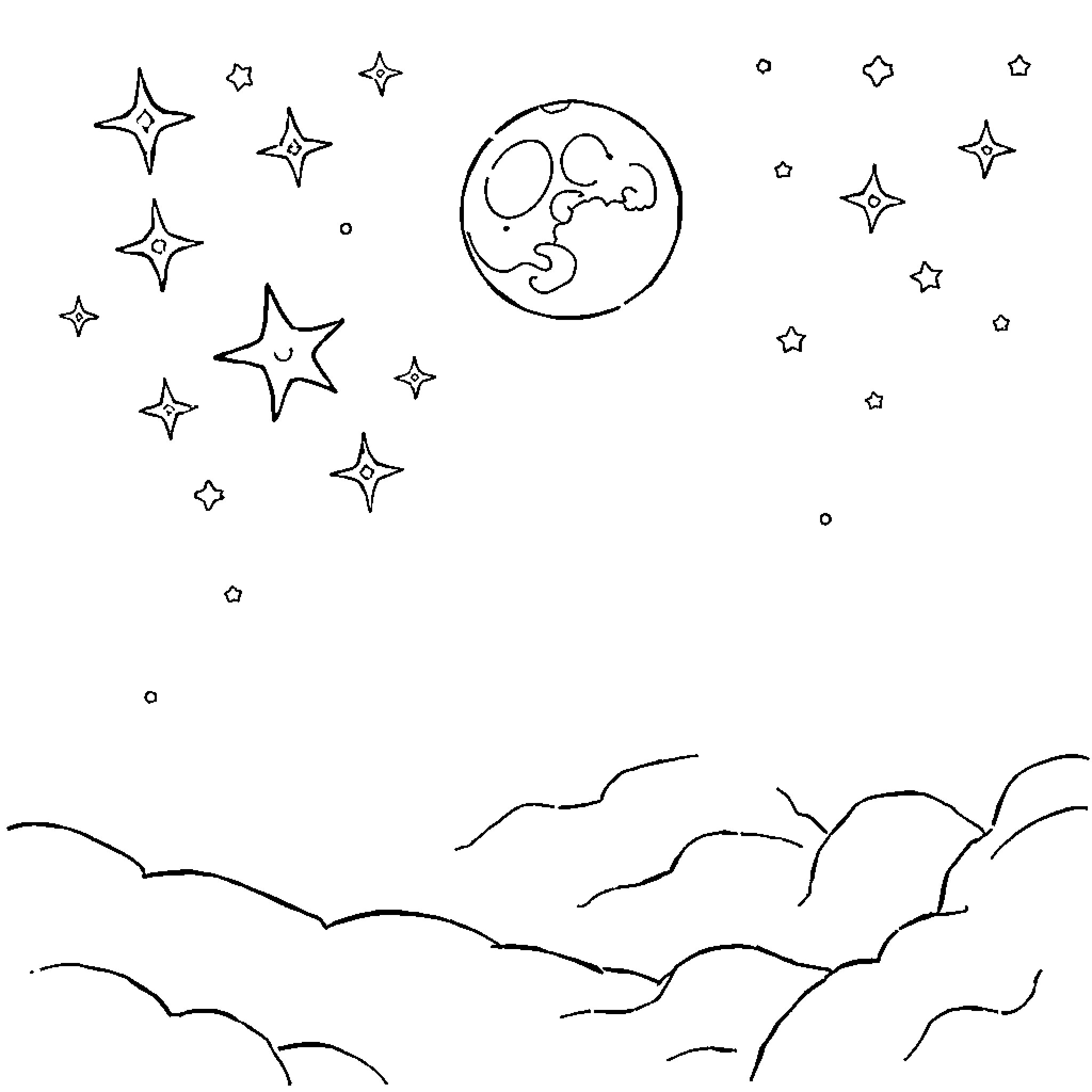 Star-filled night sky with celestial bodies Coloring Page (free black-and-white line drawing printable PDF for all, from beginners to advanced learners, including children, teens, adults, and seniors)