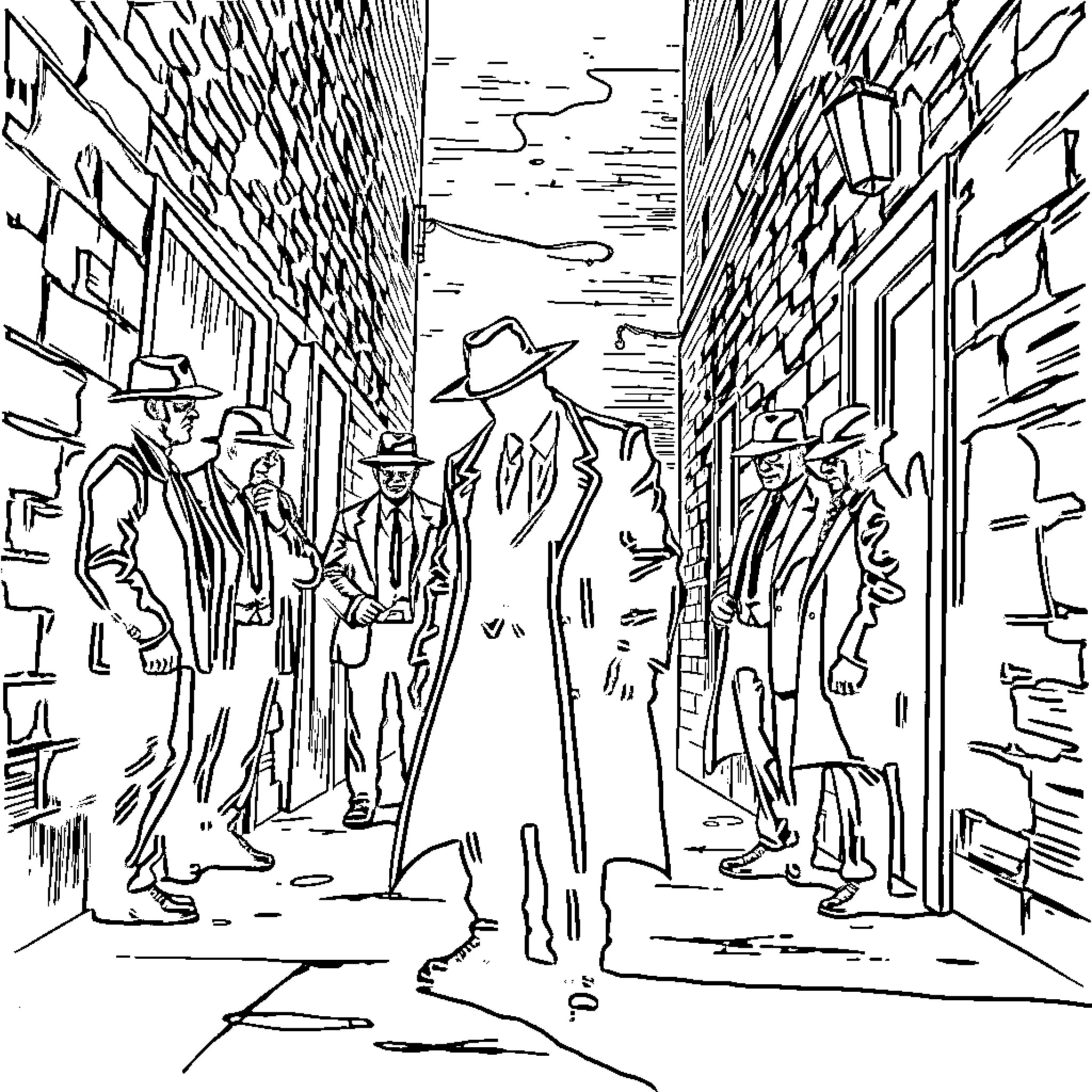 Kinetic City Street Scene with Pedestrians Coloring Page (free black-and-white line drawing printable PDF for all, from beginners to advanced learners, including children, teens, adults, and seniors)