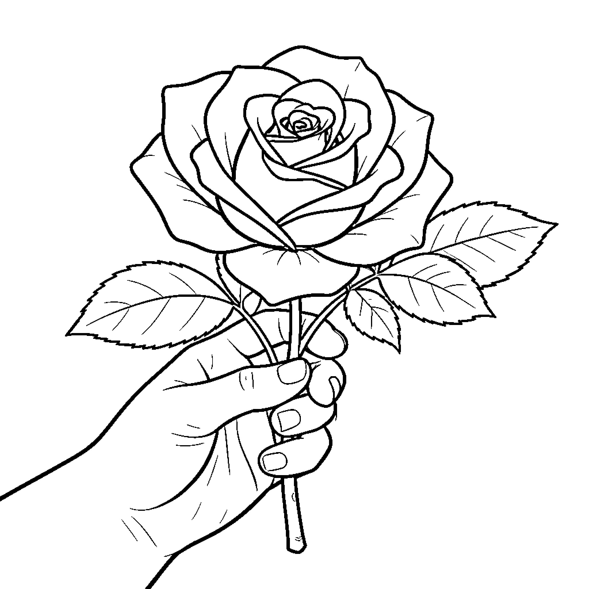 Rose being held gently by a hand Coloring Page (free black-and-white line drawing printable PDF for all, from beginners to advanced learners, including children, teens, adults, and seniors)