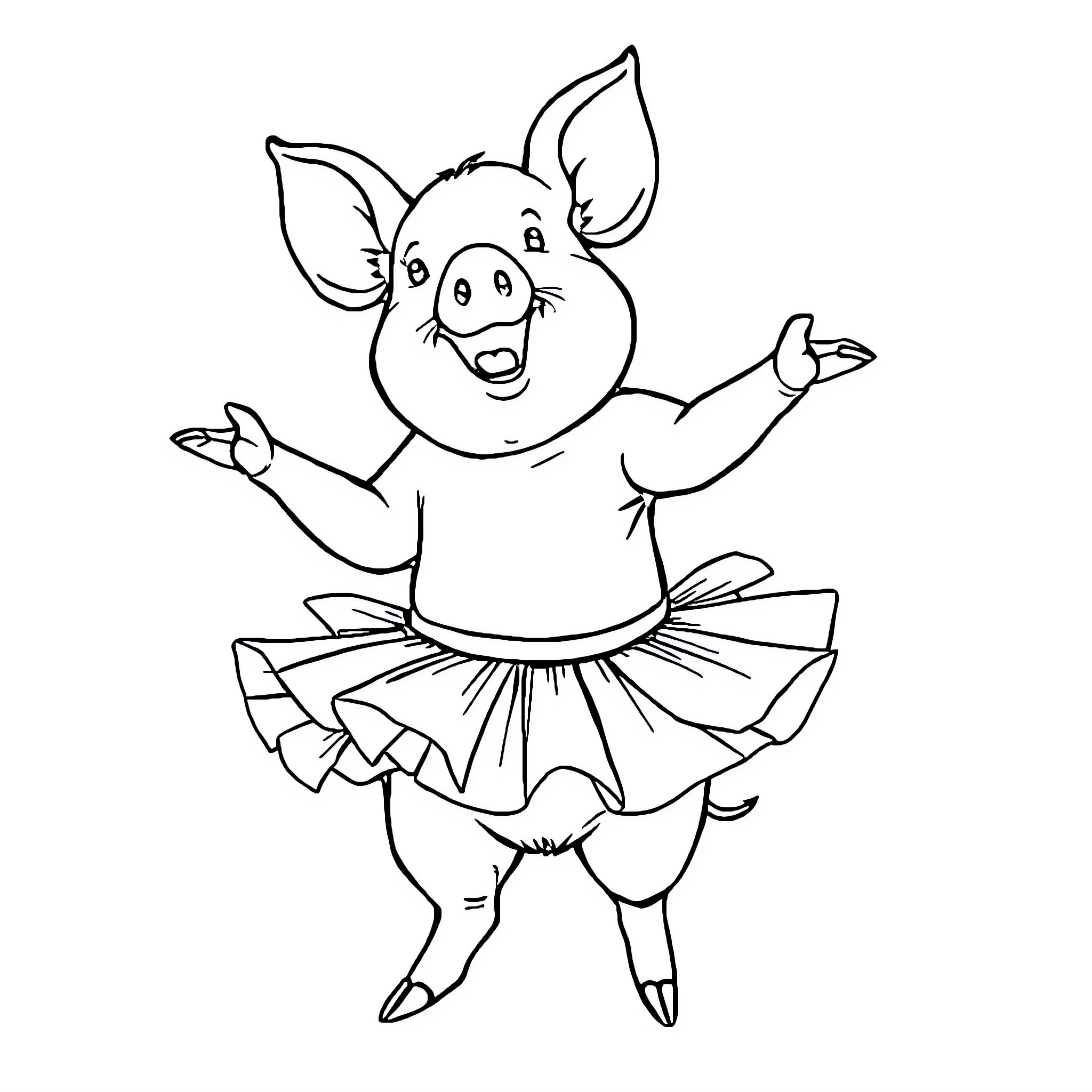 Pig dancing joyfully in tutu Coloring Page (free black-and-white line drawing printable PDF for all, from beginners to advanced learners, including children, teens, adults, and seniors)