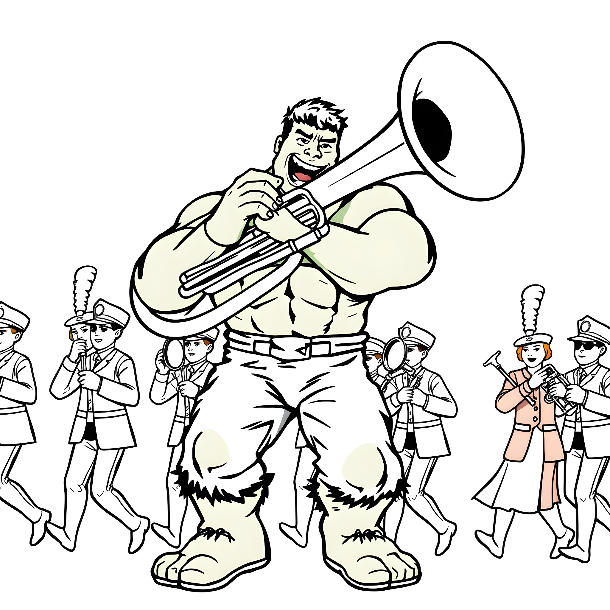 Hulk Marching with Brass Band in Parade Coloring Page (free black-and-white line drawing printable PDF for all, from beginners to advanced learners, including children, teens, adults, and seniors)