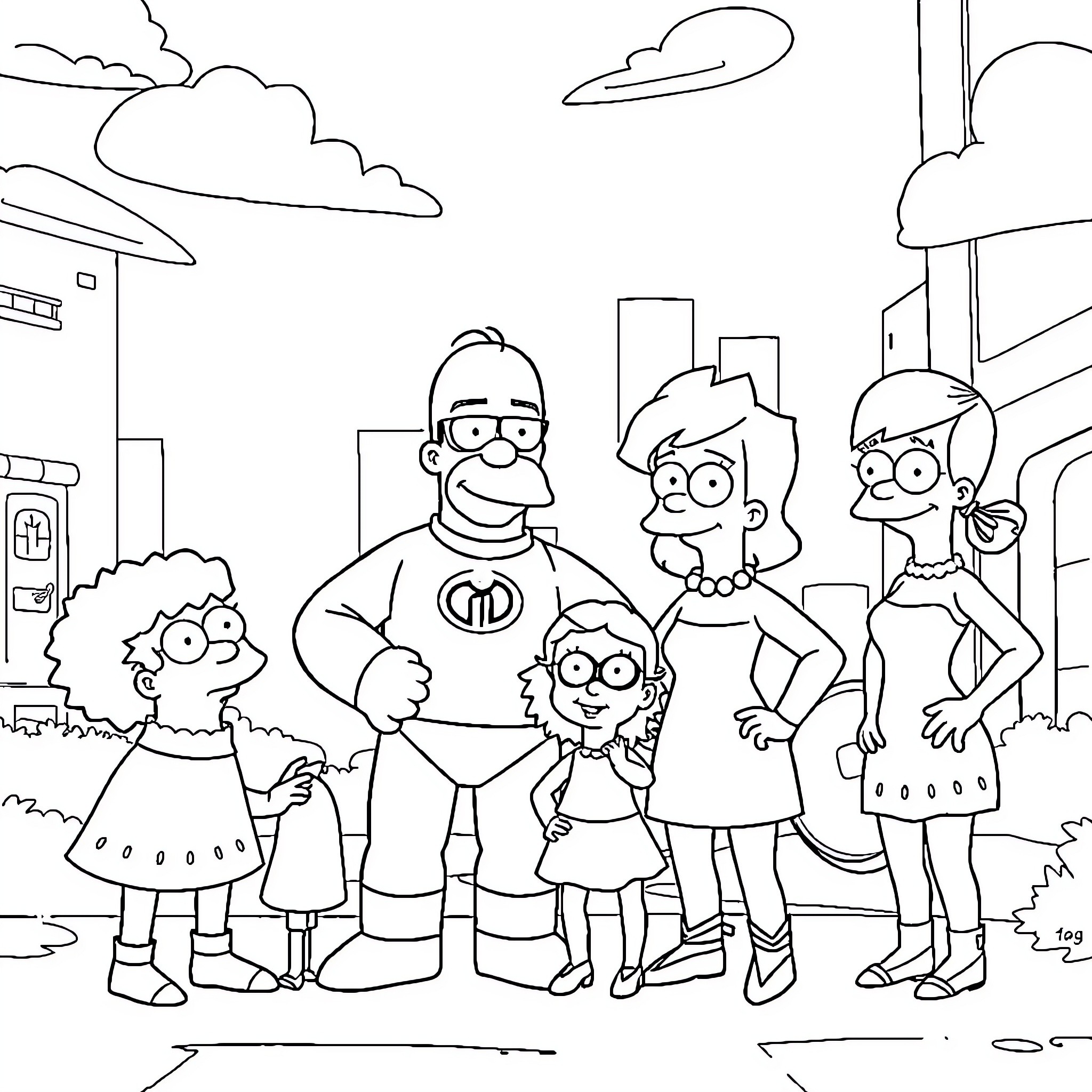 Simpsons family having fun in the city Coloring Page (free black-and-white line drawing printable PDF for all, from beginners to advanced learners, including children, teens, adults, and seniors)