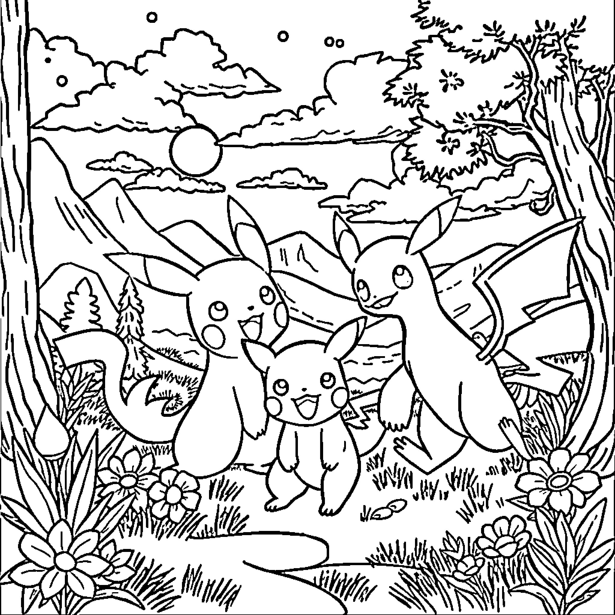 Pokémon characters exploring the natural landscape Coloring Page (free black-and-white line drawing printable PDF for all, from beginners to advanced learners, including children, teens, adults, and seniors)