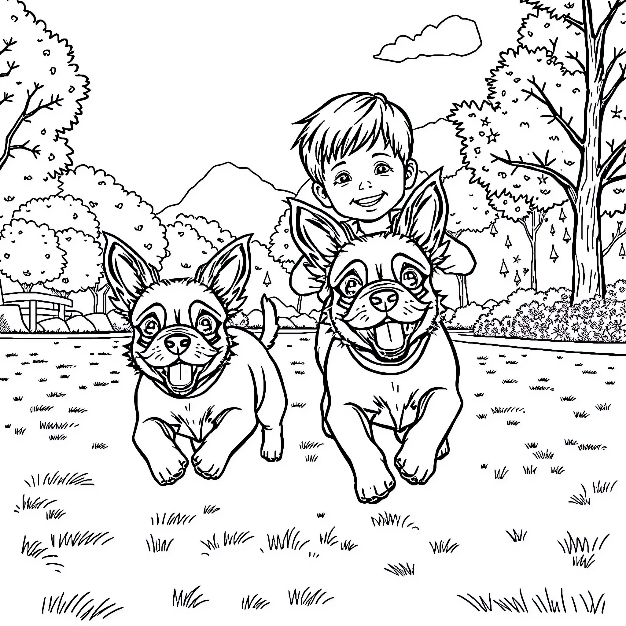 Petit Brabancon playing happily with puppies in the park Coloring Page (free black-and-white line drawing printable PDF for all, from beginners to advanced learners, including children, teens, adults, and seniors)