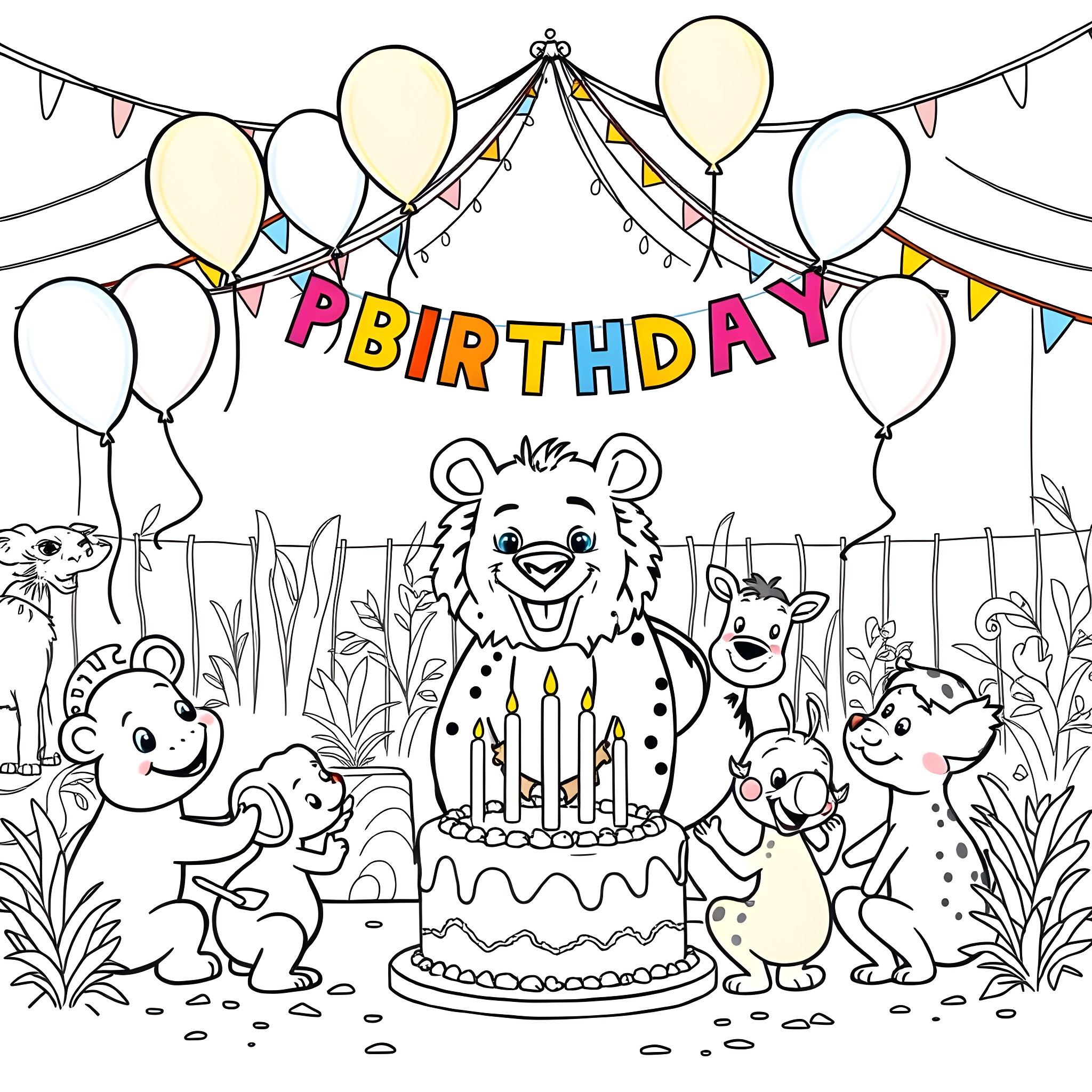 Zoo Animals Celebrating a Birthday Party Coloring Page (free black-and-white line drawing printable PDF for all, from beginners to advanced learners, including children, teens, adults, and seniors)