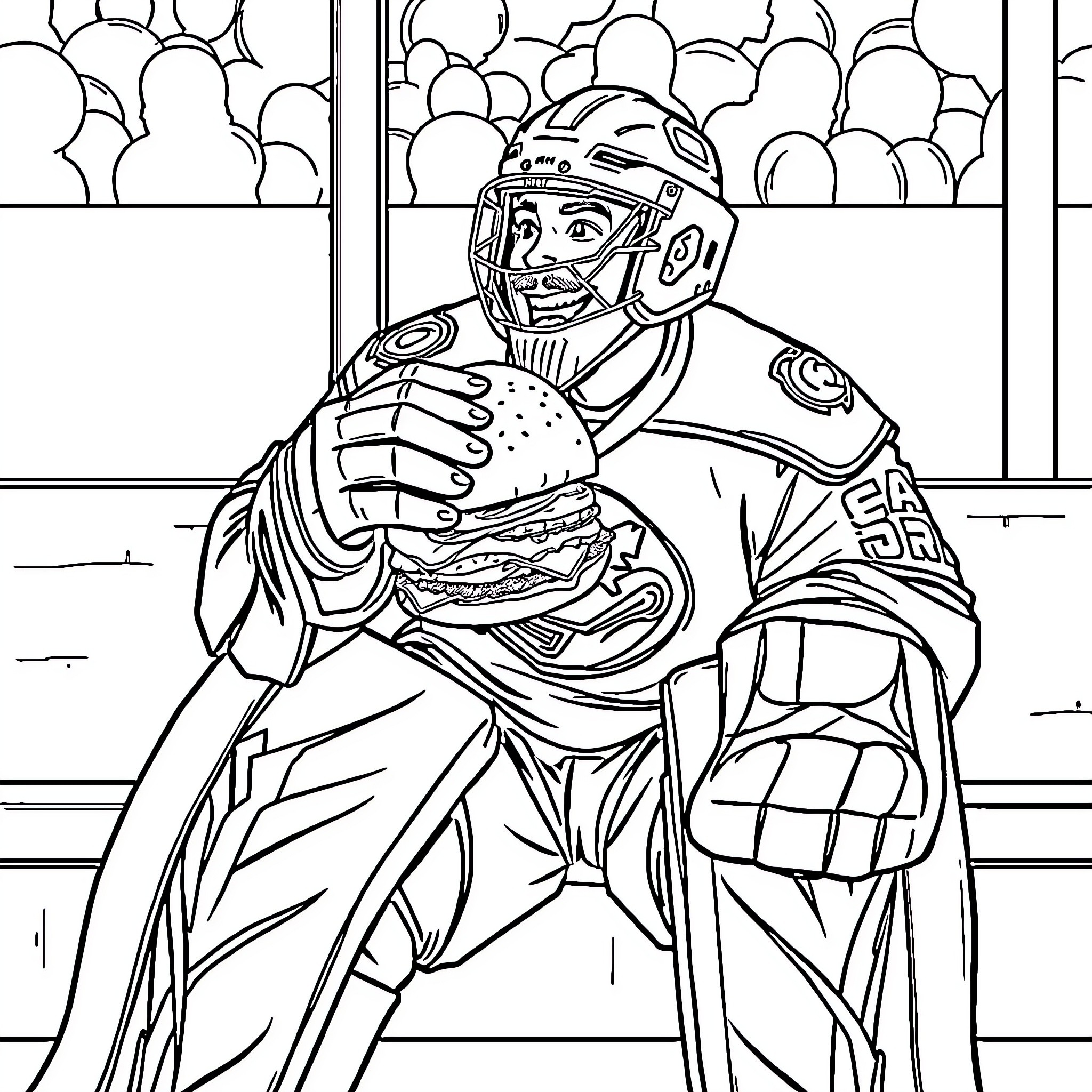 Hockey Goaltender Enjoying a Snack on the Bench Coloring Page (free black-and-white line drawing printable PDF for all, from beginners to advanced learners, including children, teens, adults, and seniors)