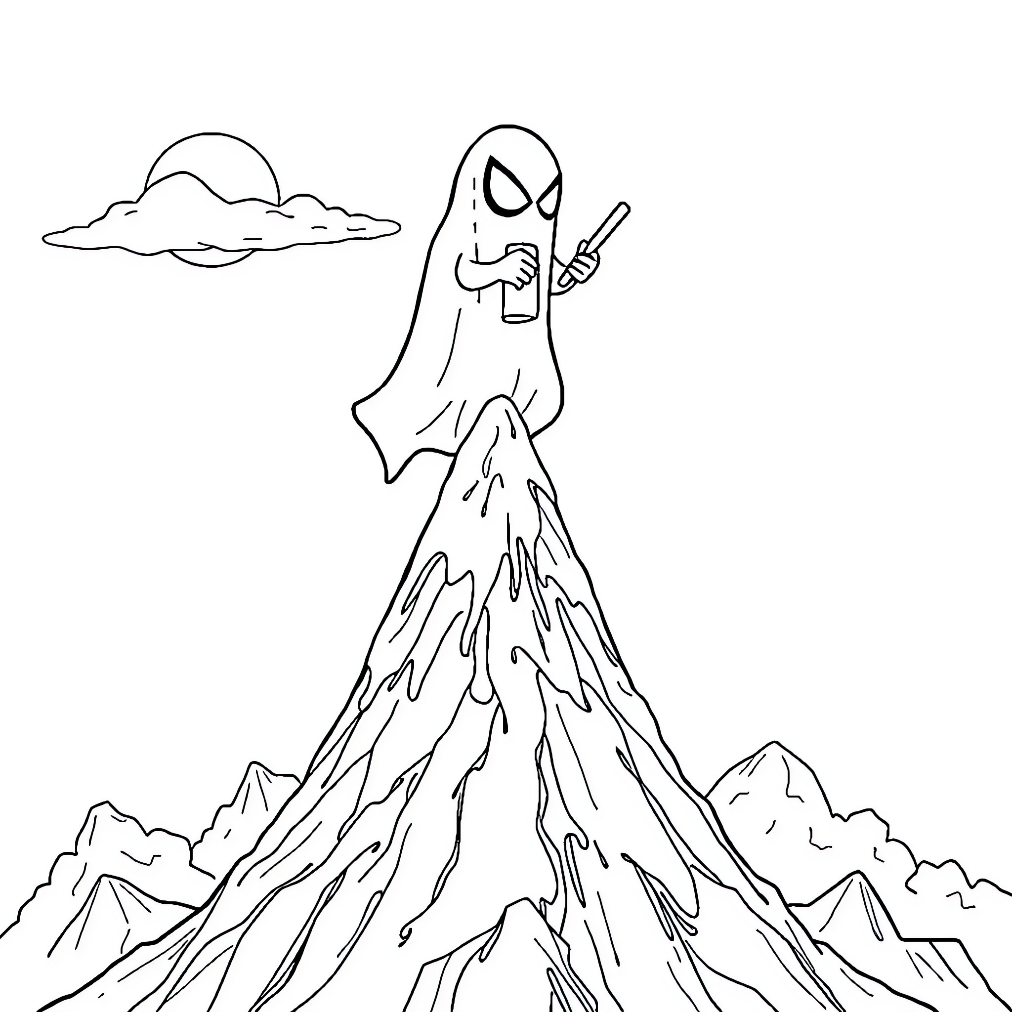 Ghost Spidey scaling a perilous mountain peak Coloring Page (free black-and-white line drawing printable PDF for all, from beginners to advanced learners, including children, teens, adults, and seniors)