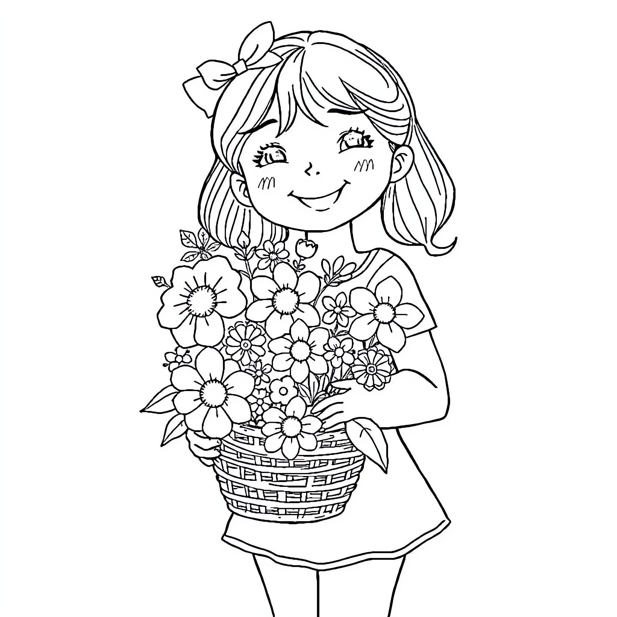 Girl holding a basket of flowers Coloring Page (free black-and-white line drawing printable PDF for all, from beginners to advanced learners, including children, teens, adults, and seniors)