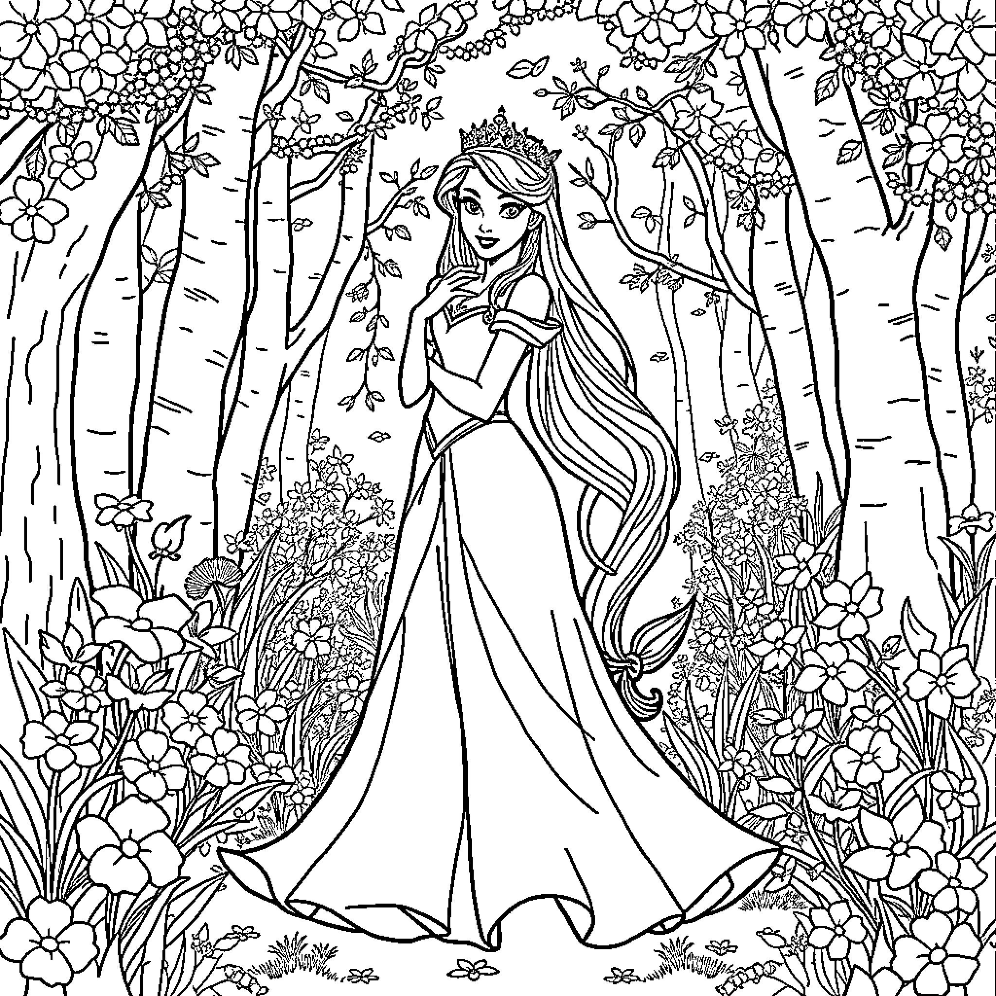 Aurore in a Magical Forest Wonderland Coloring Page (free black-and-white line drawing printable PDF for all, from beginners to advanced learners, including children, teens, adults, and seniors)