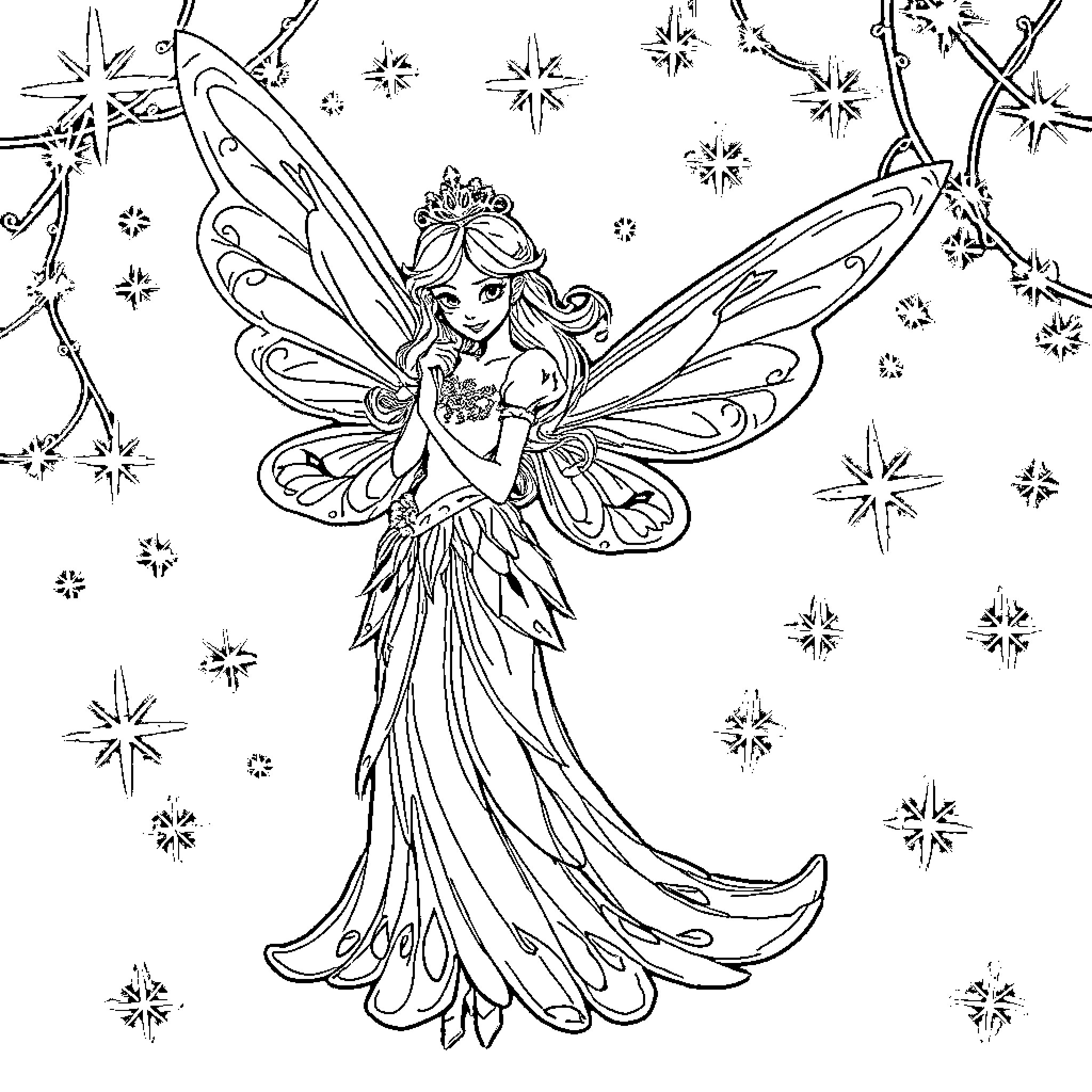Fairy Princess surrounded by sparkling stars Coloring Page (free black-and-white line drawing printable PDF for all, from beginners to advanced learners, including children, teens, adults, and seniors)
