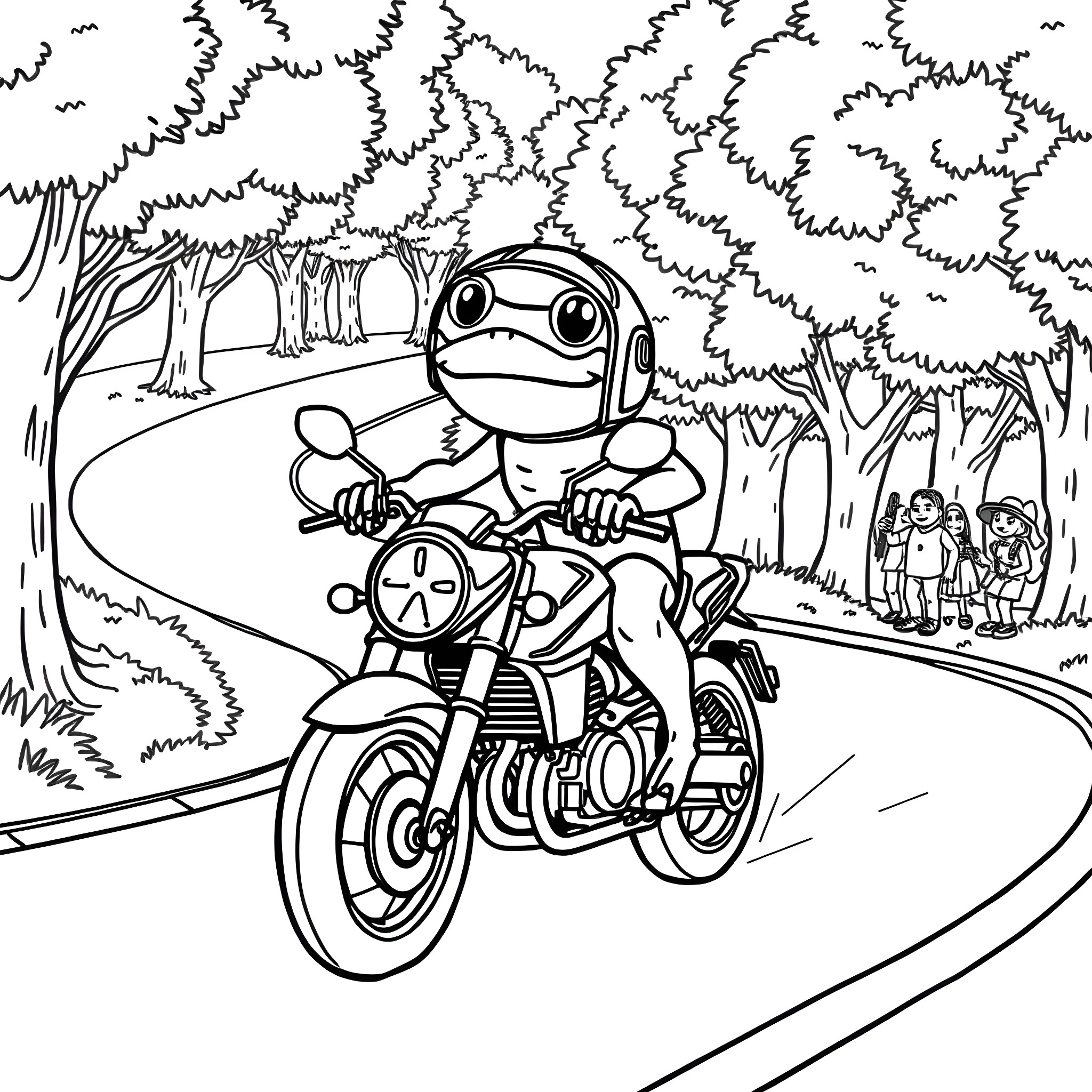 Frog riding a motorcycle in the forest Coloring Page (free black-and-white line drawing printable PDF for all, from beginners to advanced learners, including children, teens, adults, and seniors)
