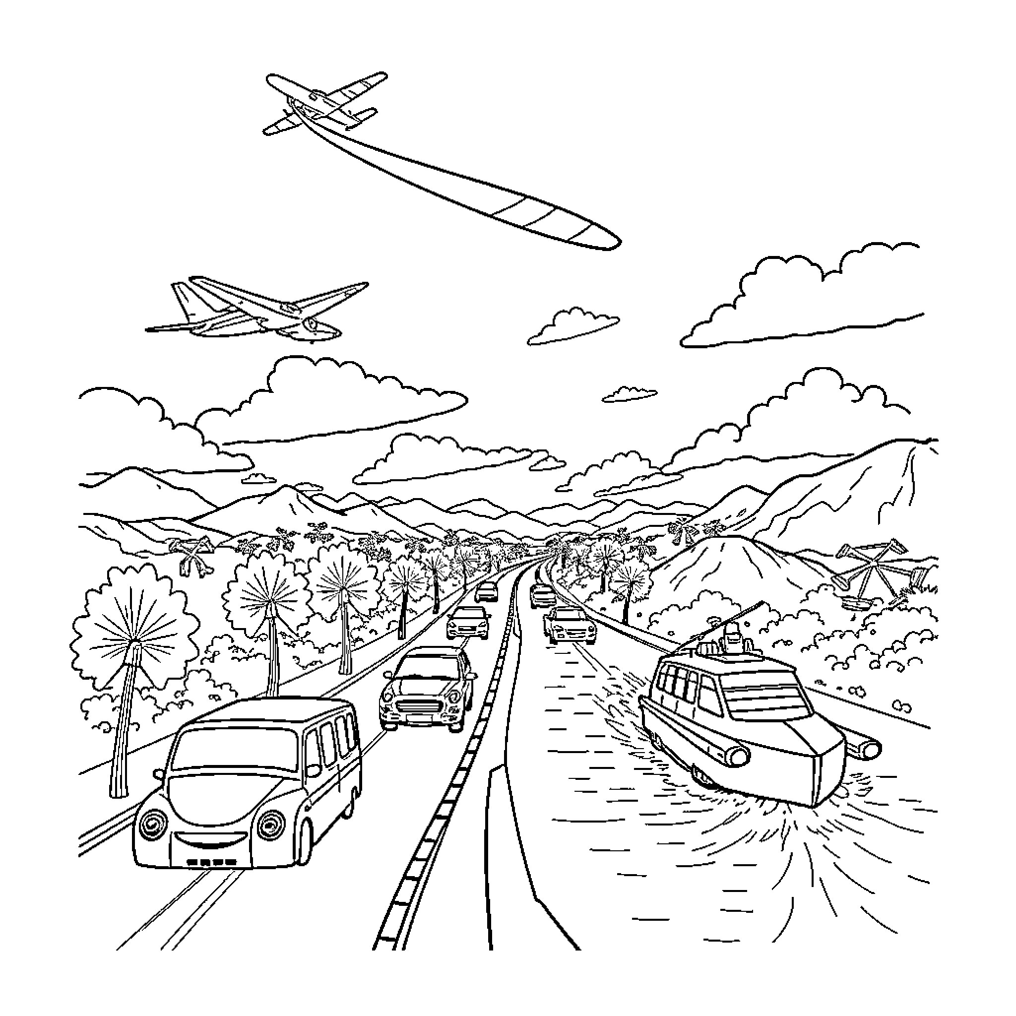Transportation through scenic landscapes with aircraft and vehicles Coloring Page (free black-and-white line drawing printable PDF for all, from beginners to advanced learners, including children, teens, adults, and seniors)