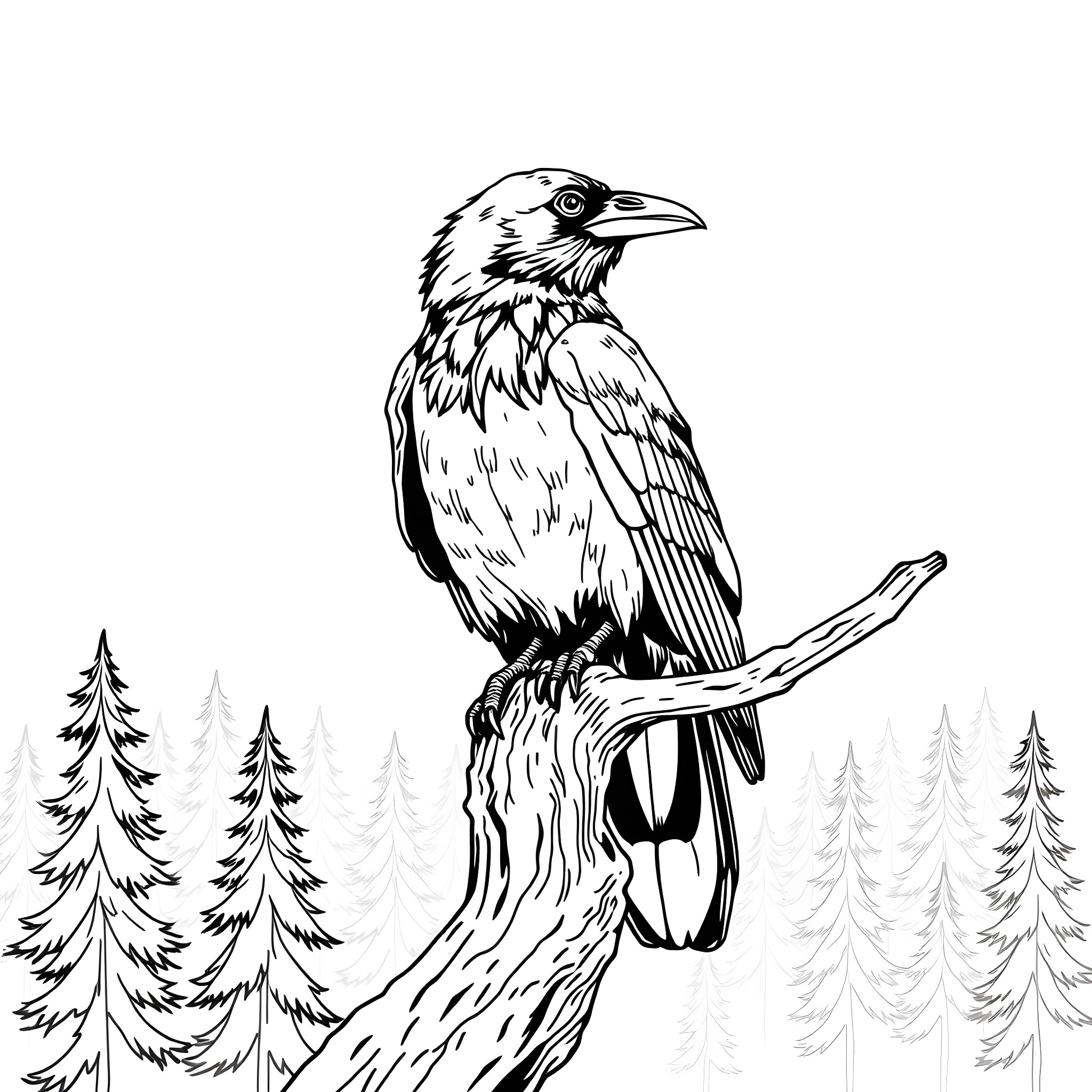 Raven perched on a branch overlooking a forest Coloring Page (free black-and-white line drawing printable PDF for all, from beginners to advanced learners, including children, teens, adults, and seniors)