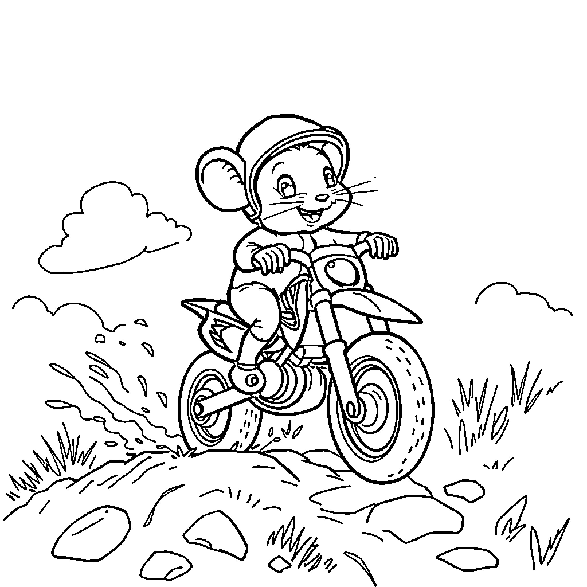 Mouse riding motorcycle through the countryside Coloring Page (free black-and-white line drawing printable PDF for all, from beginners to advanced learners, including children, teens, adults, and seniors)