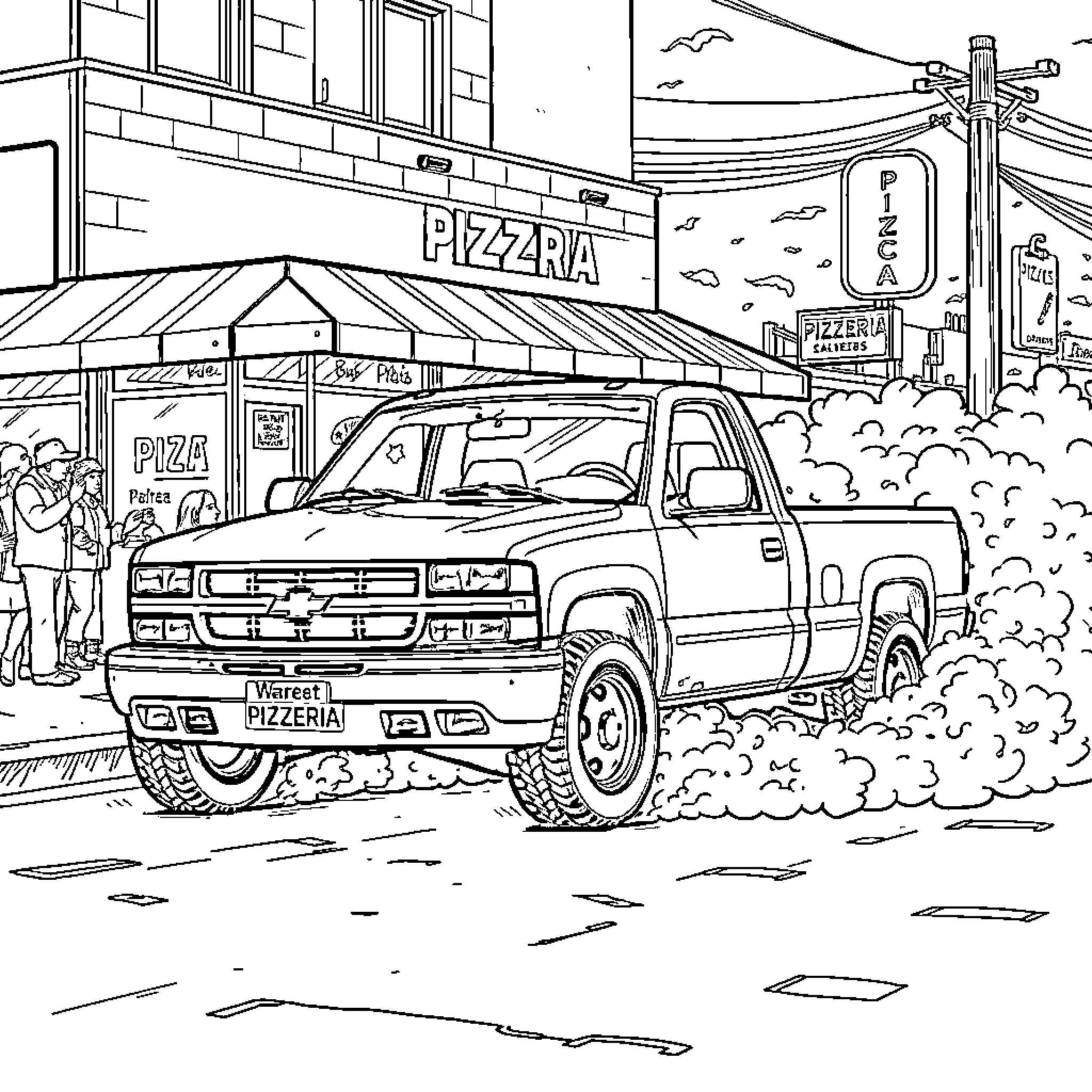 Truck delivering pizza in a urban setting Coloring Page (free black-and-white line drawing printable PDF for all, from beginners to advanced learners, including children, teens, adults, and seniors)