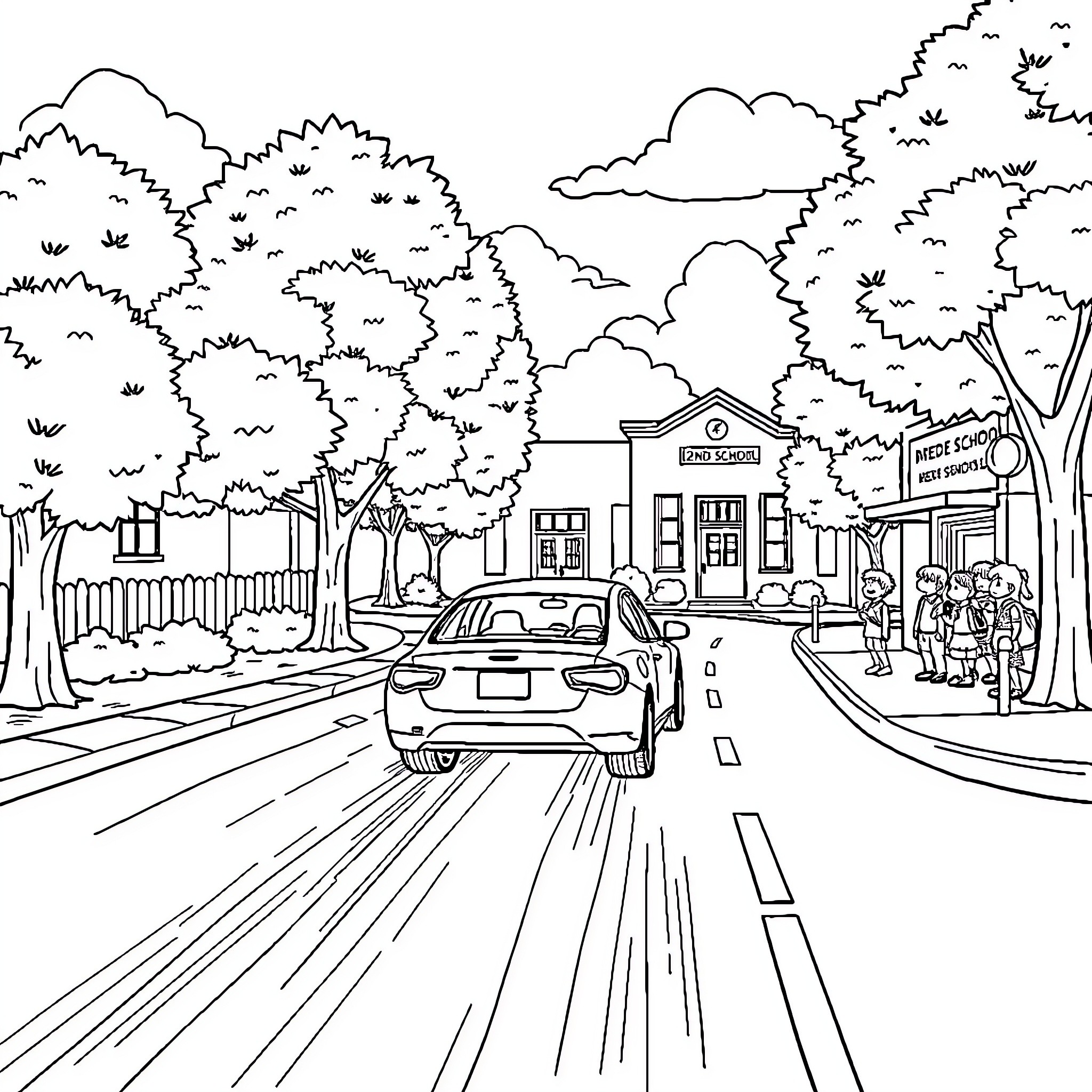 Car driving down a busy street in a small town Coloring Page (free black-and-white line drawing printable PDF for all, from beginners to advanced learners, including children, teens, adults, and seniors)