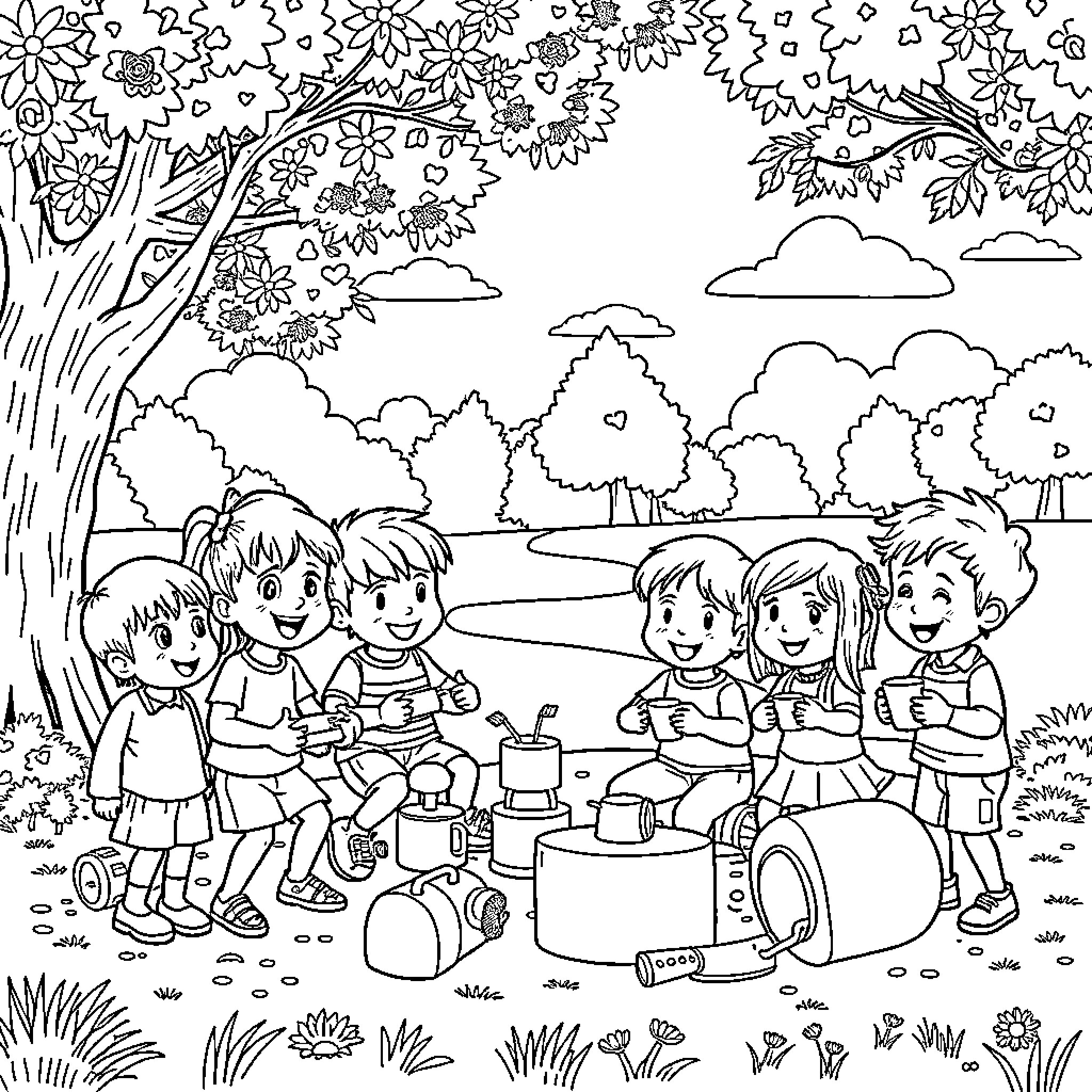 Child friends picnicking in nature Coloring Page (free black-and-white line drawing printable PDF for all, from beginners to advanced learners, including children, teens, adults, and seniors)
