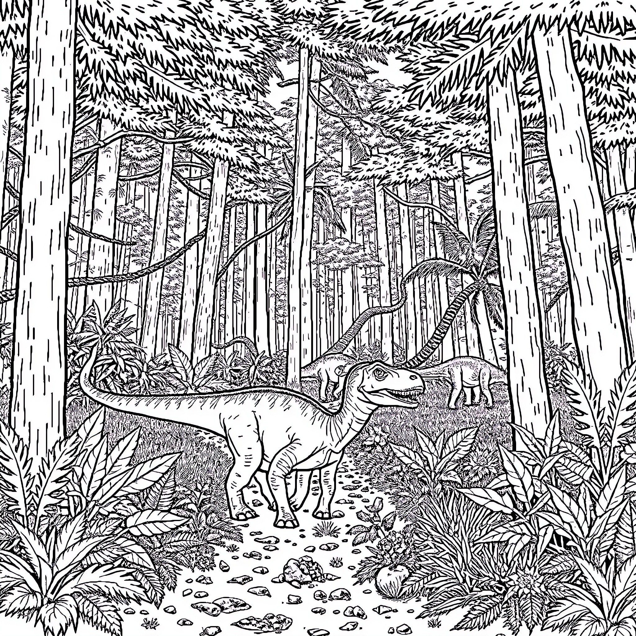 Dinosaurs roaming through the enchanted forest Coloring Page (free black-and-white line drawing printable PDF for all, from beginners to advanced learners, including children, teens, adults, and seniors)