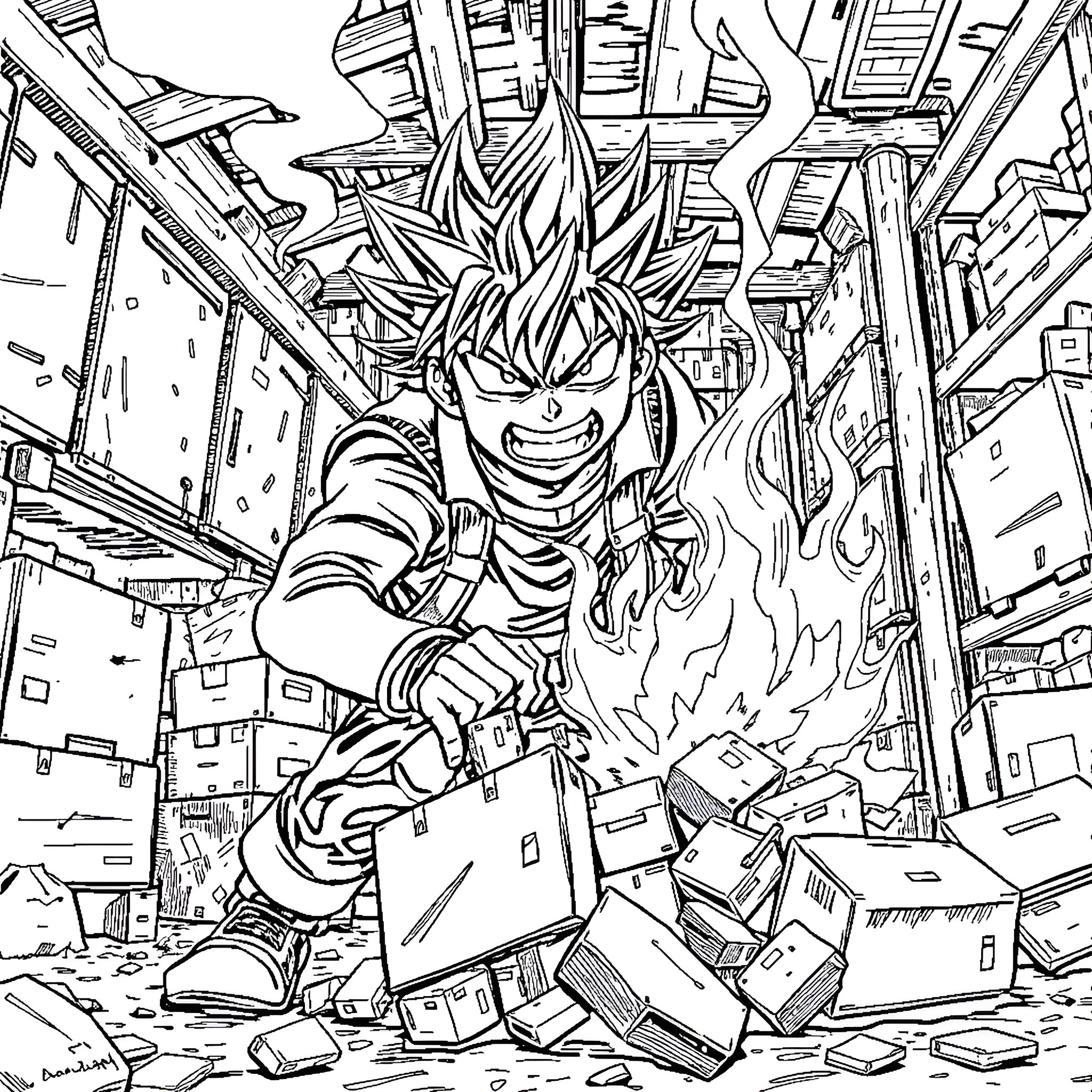 Bakugo's Explosive Entrance into the Chaotic Scene Coloring Page (free black-and-white line drawing printable PDF for all, from beginners to advanced learners, including children, teens, adults, and seniors)