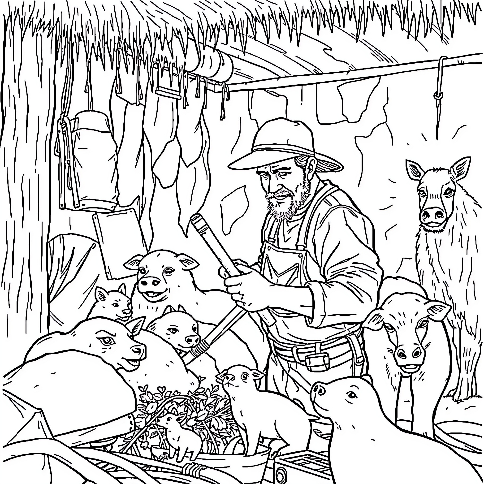 Hombre working diligently with his animals in the rural scene Coloring Page (free black-and-white line drawing printable PDF for all, from beginners to advanced learners, including children, teens, adults, and seniors)