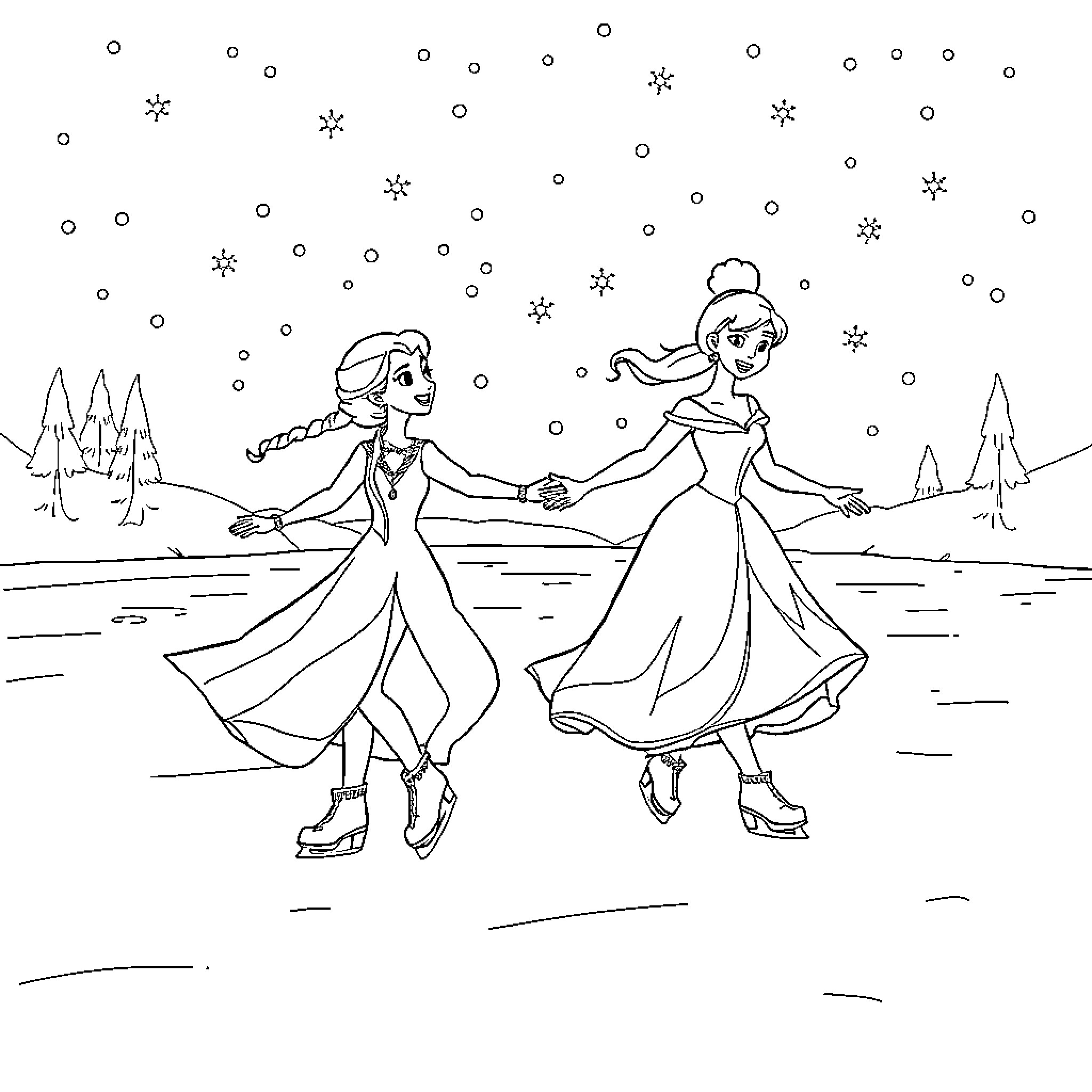 Elsa and Anna ice skating together in the snow Coloring Page (free black-and-white line drawing printable PDF for all, from beginners to advanced learners, including children, teens, adults, and seniors)