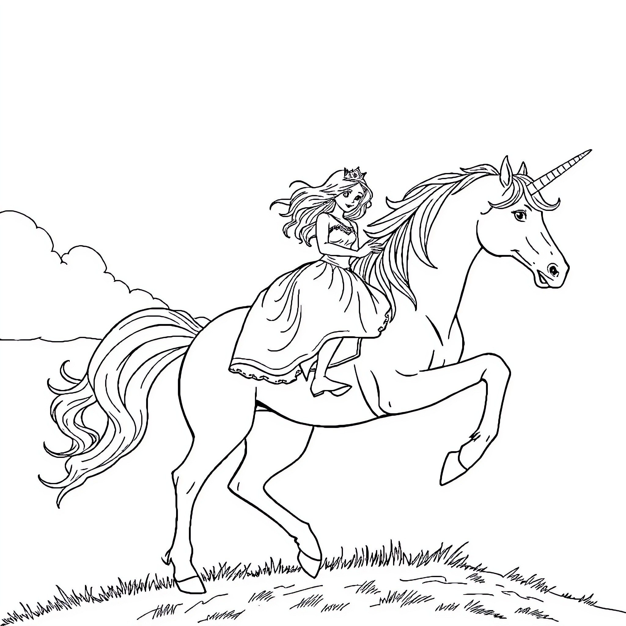 Princess Riding Magical Unicorn in Nature Coloring Page (free black-and-white line drawing printable PDF for all, from beginners to advanced learners, including children, teens, adults, and seniors)
