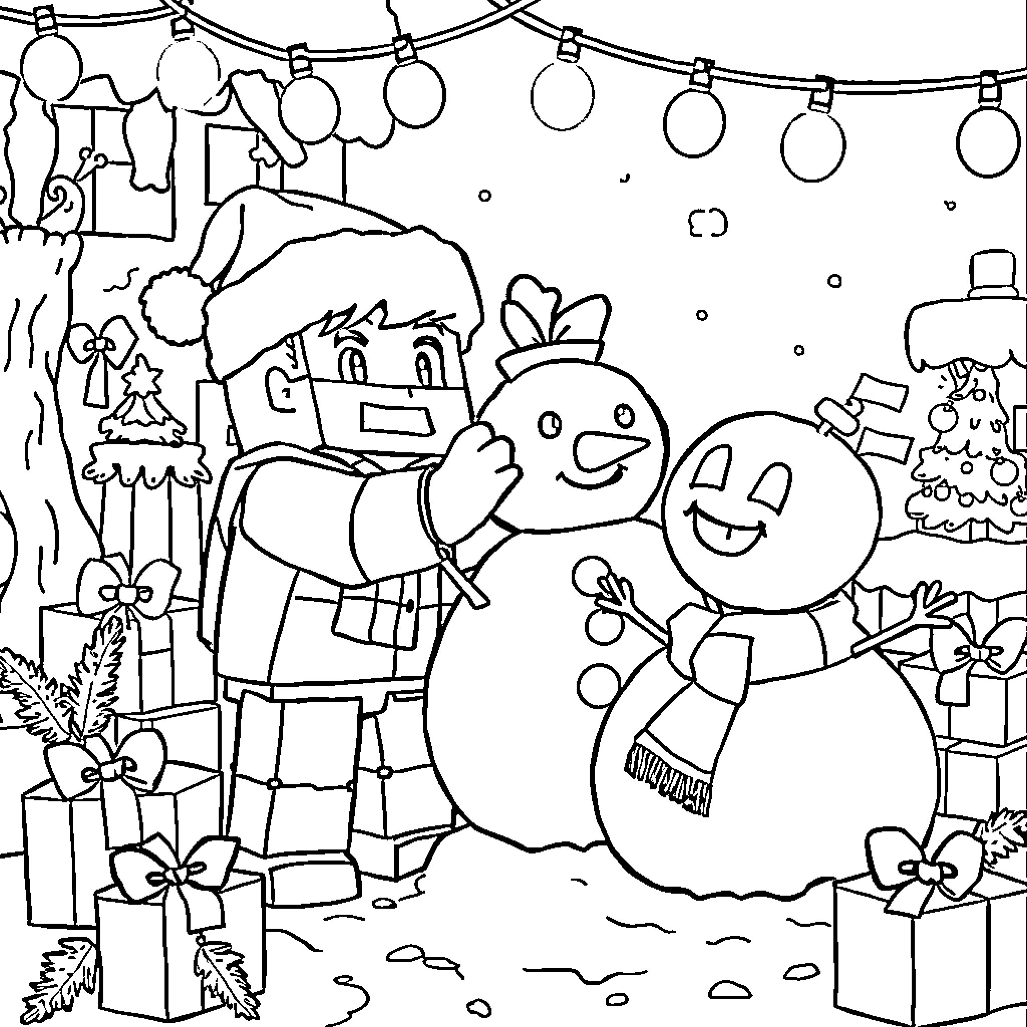 Minecraft characters in a festive winter scene Coloring Page (free black-and-white line drawing printable PDF for all, from beginners to advanced learners, including children, teens, adults, and seniors)