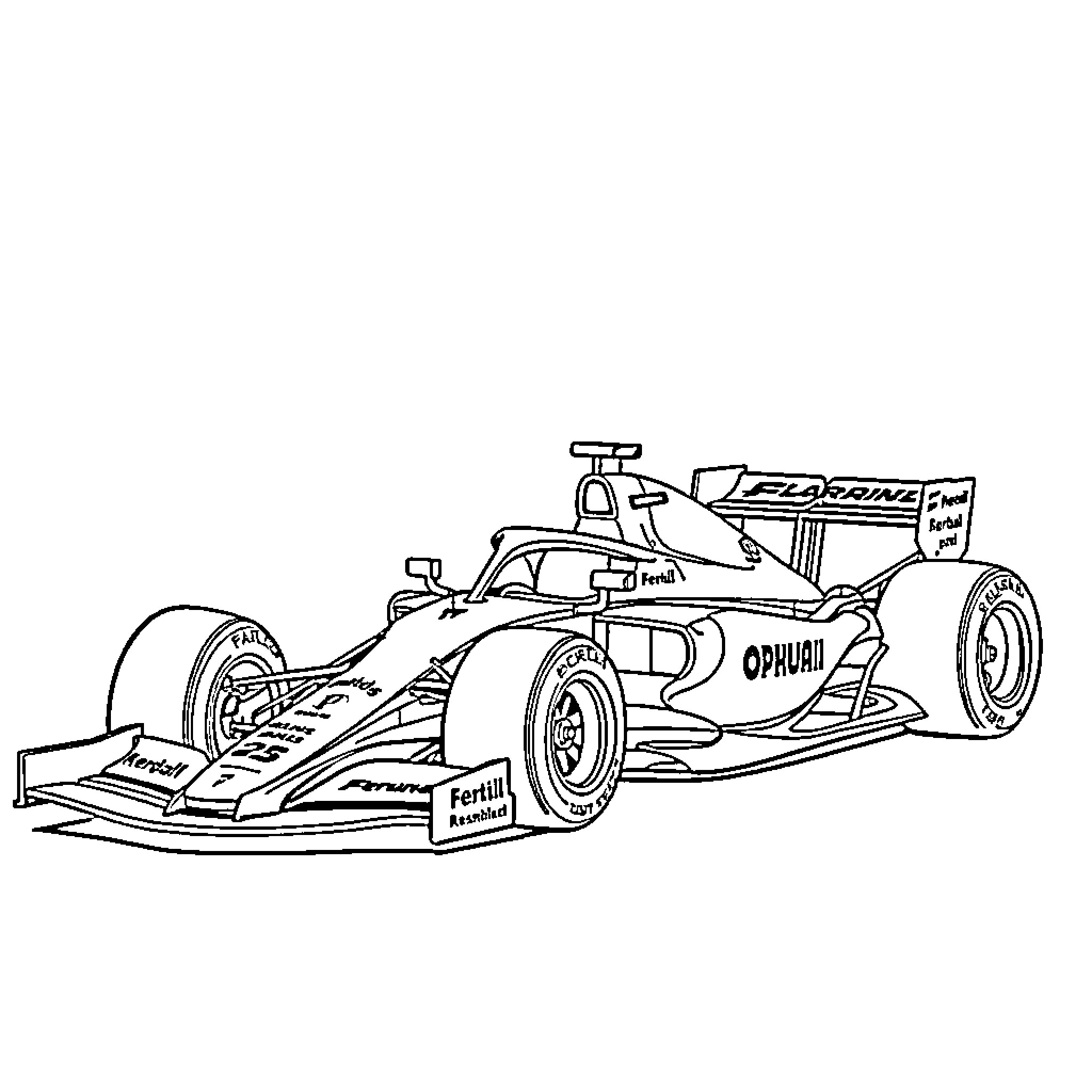 Formula 1 race car in action Coloring Page (free black-and-white line drawing printable PDF for all, from beginners to advanced learners, including children, teens, adults, and seniors)