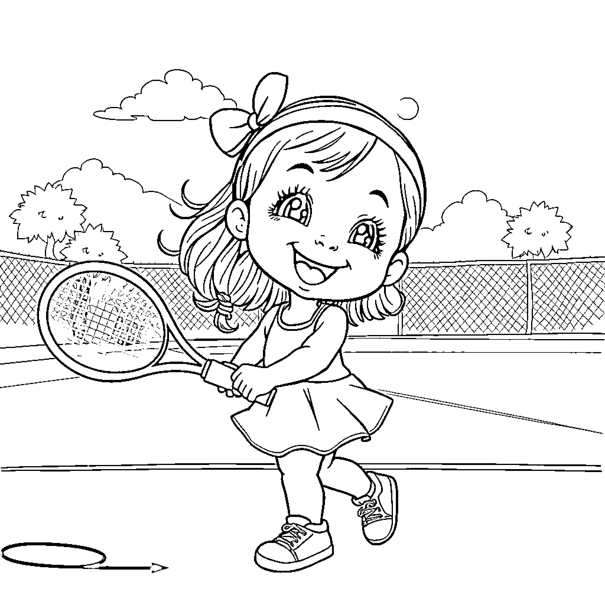 Baby Girl Playing Happily on the Tennis Court Coloring Page (free black-and-white line drawing printable PDF for all, from beginners to advanced learners, including children, teens, adults, and seniors)