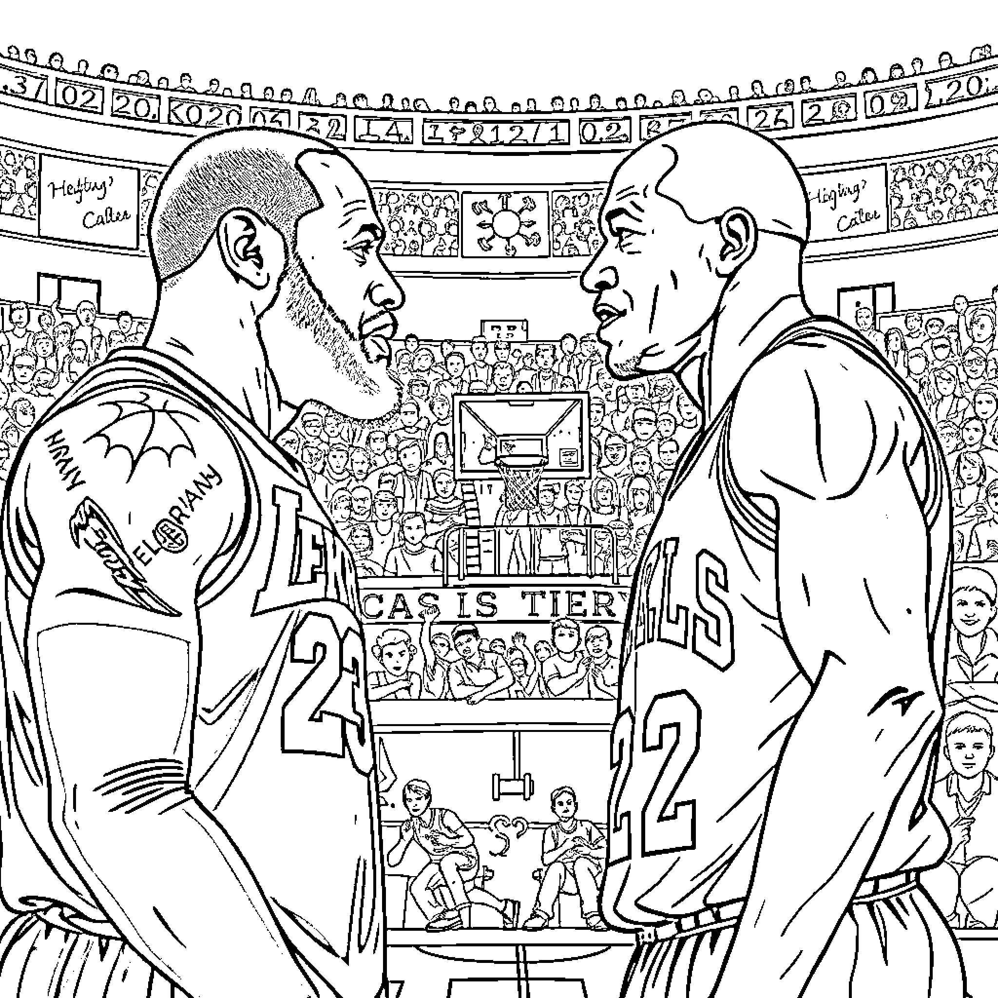 LeBron James and opponent face off in tense basketball match Coloring Page (free black-and-white line drawing printable PDF for all, from beginners to advanced learners, including children, teens, adults, and seniors)