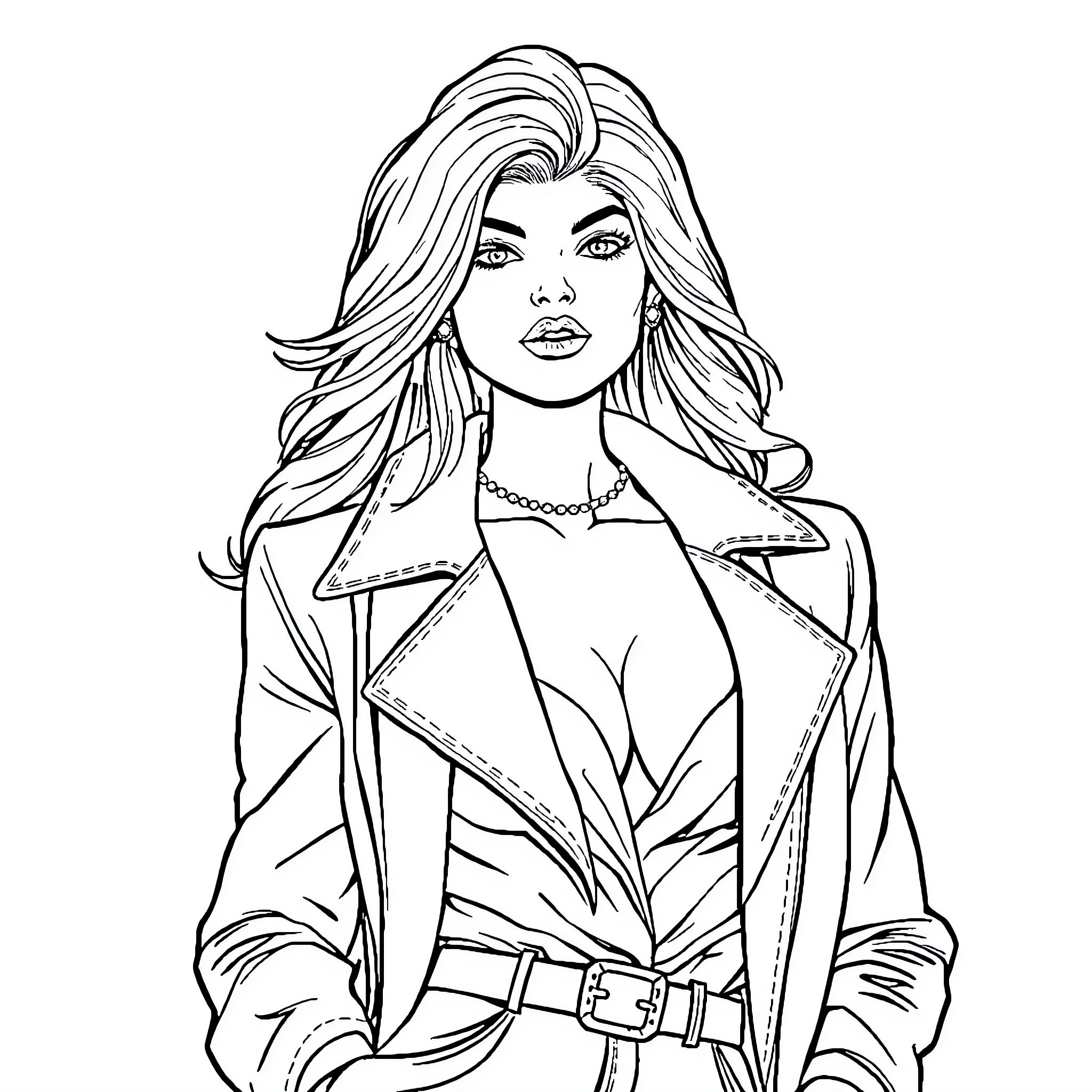 Girl in stylish leather jacket and bold expression Coloring Page (free black-and-white line drawing printable PDF for all, from beginners to advanced learners, including children, teens, adults, and seniors)