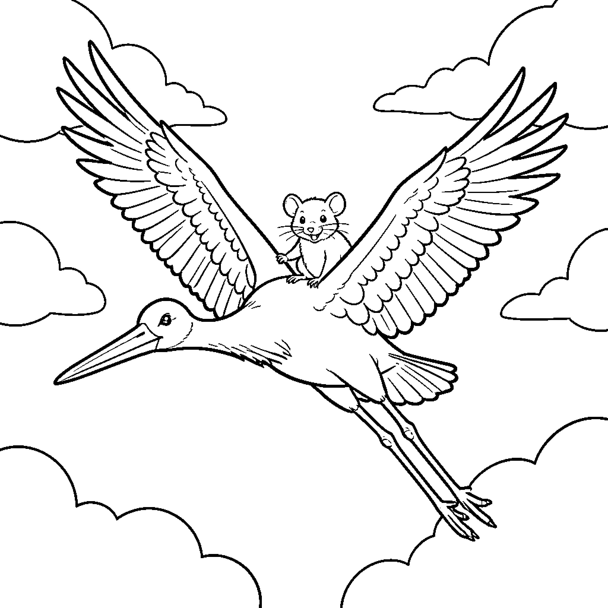 Mouse riding joyfully on a large flying bird Coloring Page (free black-and-white line drawing printable PDF for all, from beginners to advanced learners, including children, teens, adults, and seniors)
