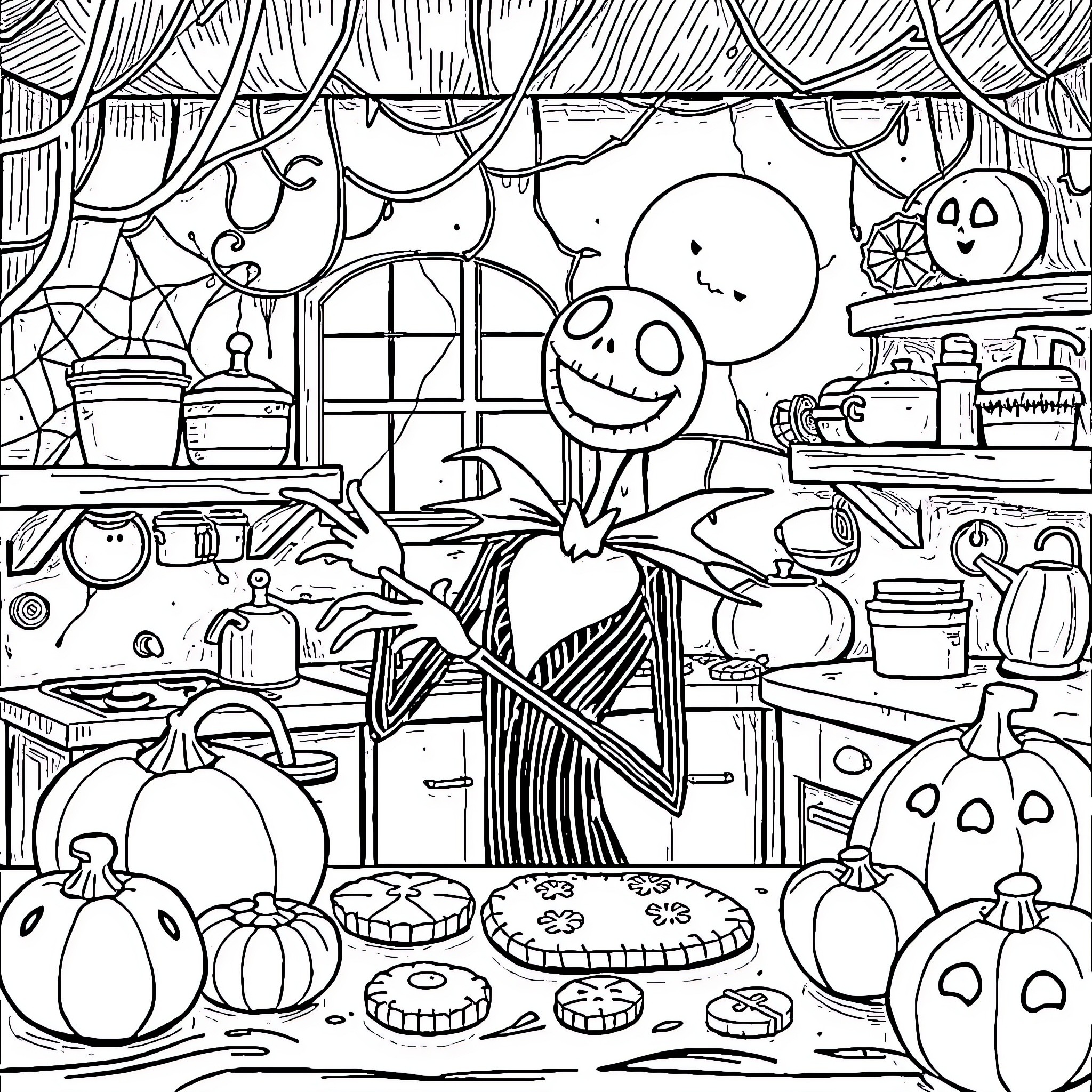 Jack Skellington in a festive kitchen with Halloween decor Coloring Page (free black-and-white line drawing printable PDF for all, from beginners to advanced learners, including children, teens, adults, and seniors)