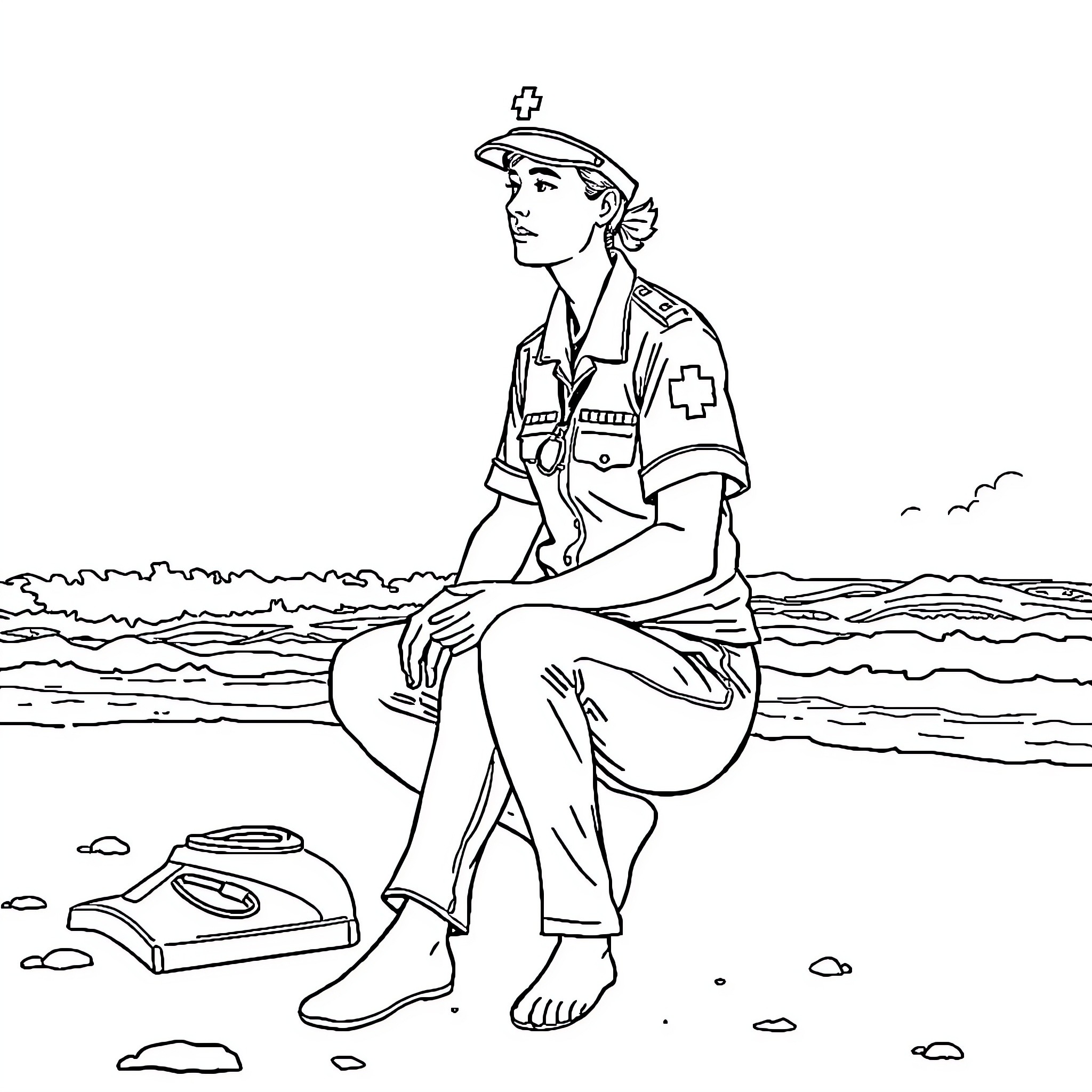 Infirmier providing care on the beach Coloring Page (free black-and-white line drawing printable PDF for all, from beginners to advanced learners, including children, teens, adults, and seniors)
