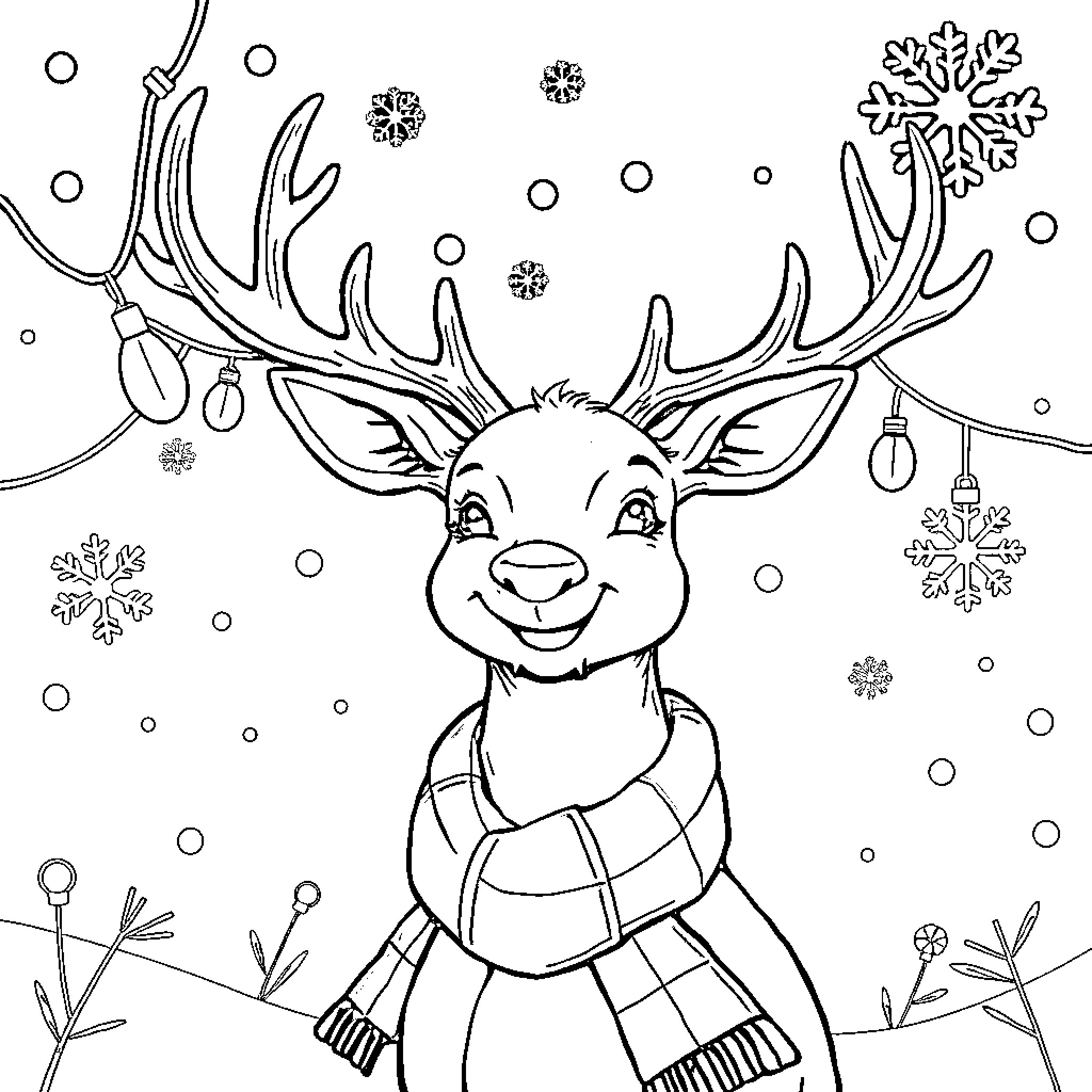 Deer with ornaments and snowflakes Coloring Page (free black-and-white line drawing printable PDF for all, from beginners to advanced learners, including children, teens, adults, and seniors)