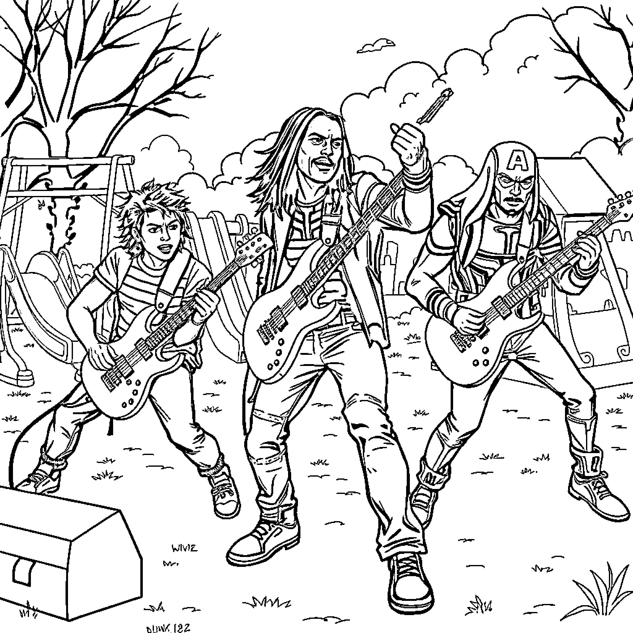 Blink 182 Rocking Out in the Great Outdoors Coloring Page (free black-and-white line drawing printable PDF for all, from beginners to advanced learners, including children, teens, adults, and seniors)