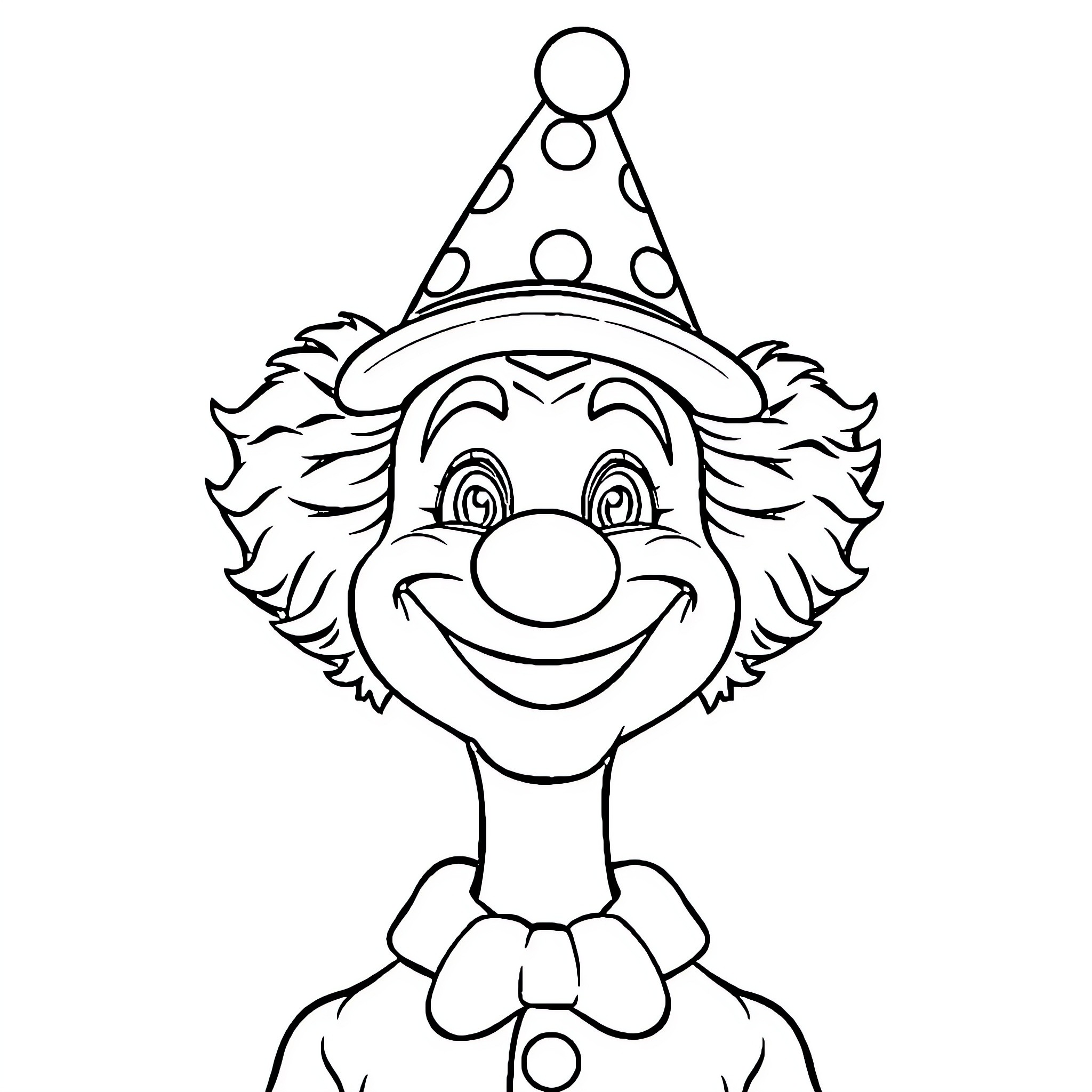 Clown with a happy expression and festive hat Coloring Page (free black-and-white line drawing printable PDF for all, from beginners to advanced learners, including children, teens, adults, and seniors)