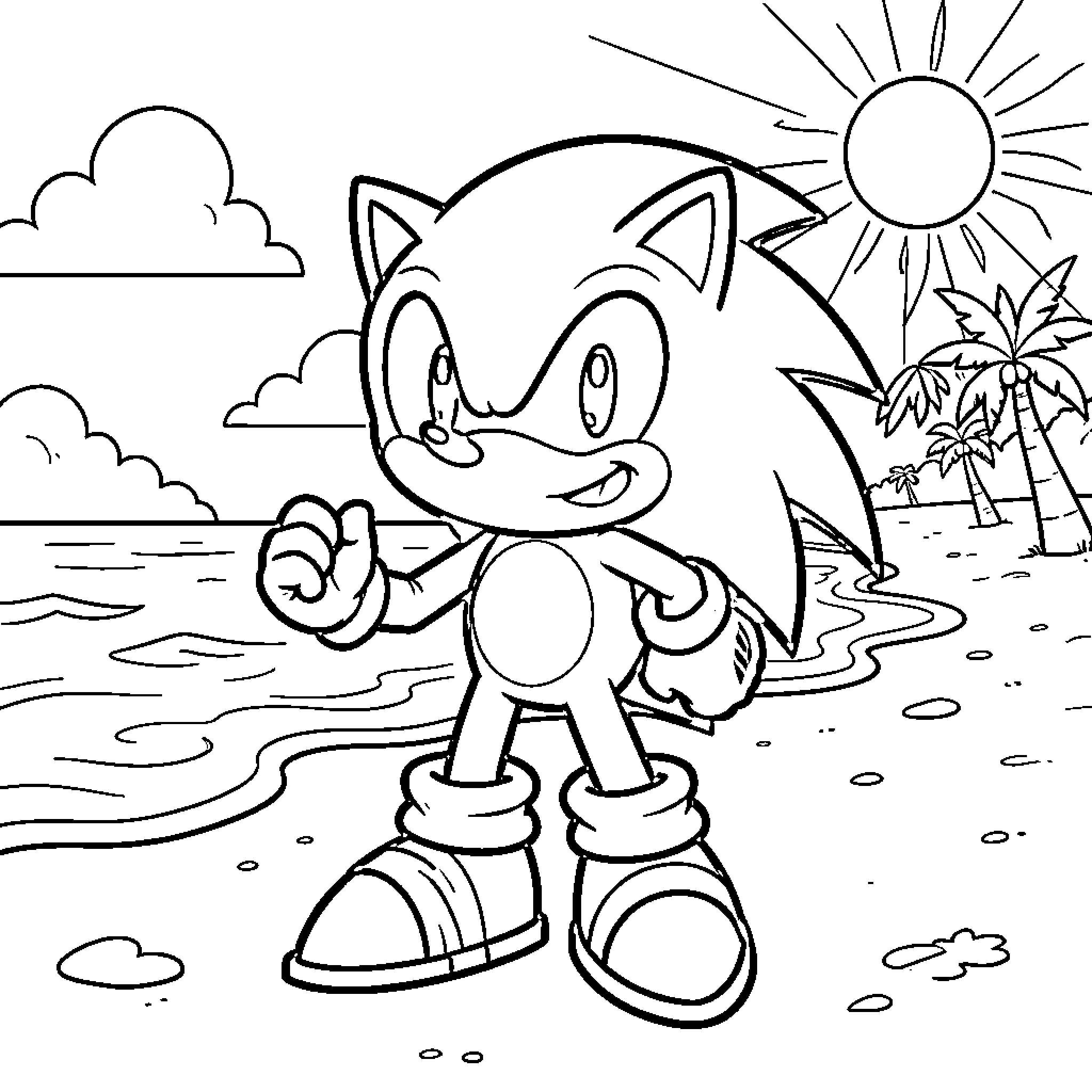 Sonic standing confidently on a sunny tropical beach Coloring Page (free black-and-white line drawing printable PDF for all, from beginners to advanced learners, including children, teens, adults, and seniors)
