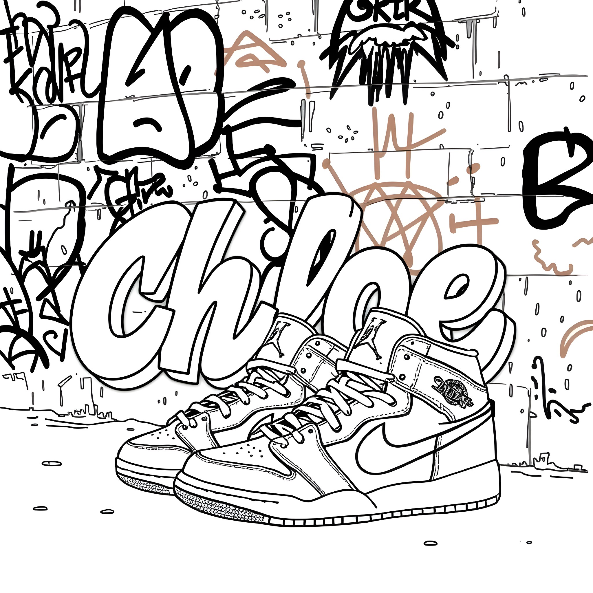 Chloe's Graffiti Sneakers Coloring Page (free black-and-white line drawing printable PDF for all, from beginners to advanced learners, including children, teens, adults, and seniors)